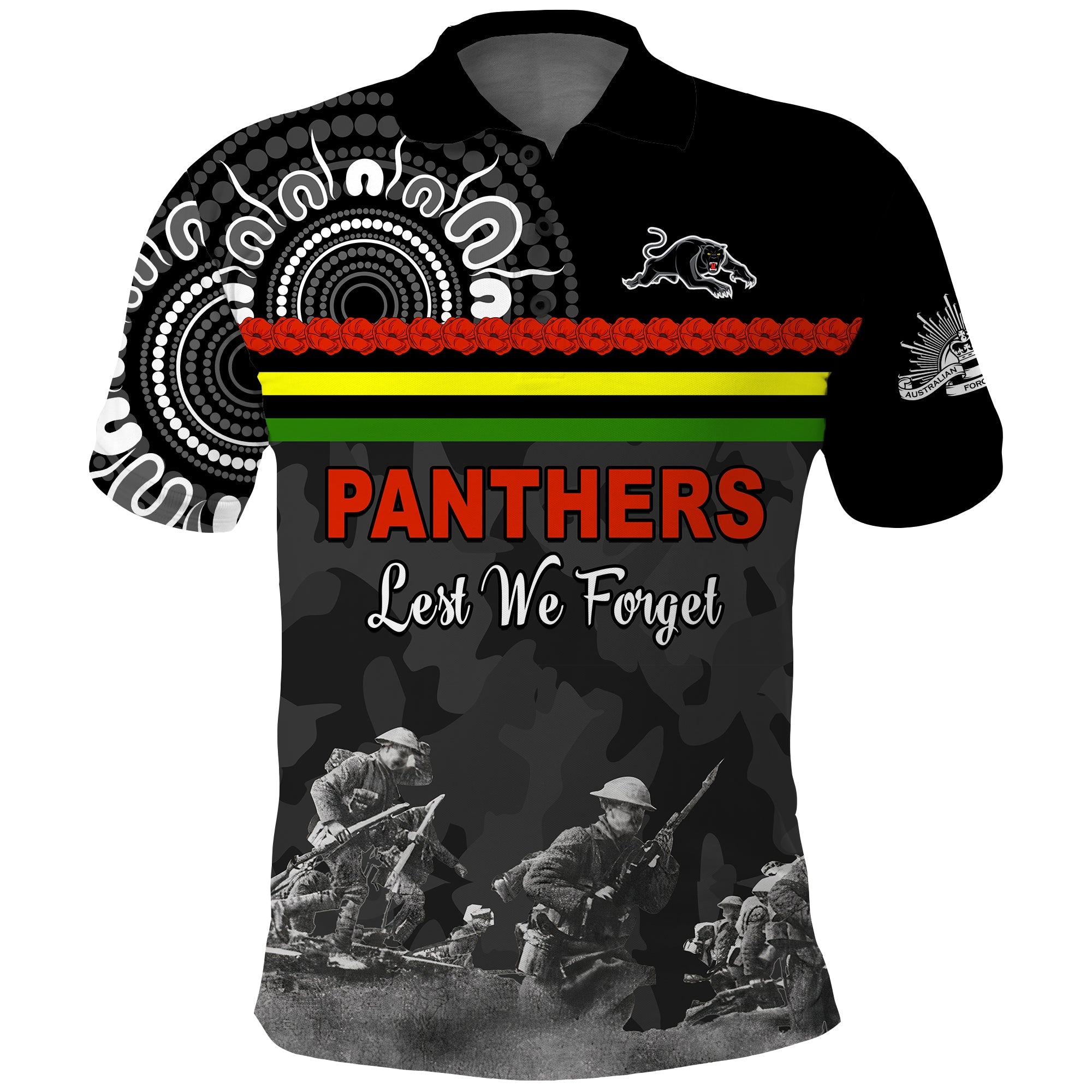 Panthers ANZAC Day Polo Shirt Aboriginal Lest We Forget Ver.02 - Vibe Hoodie Shop