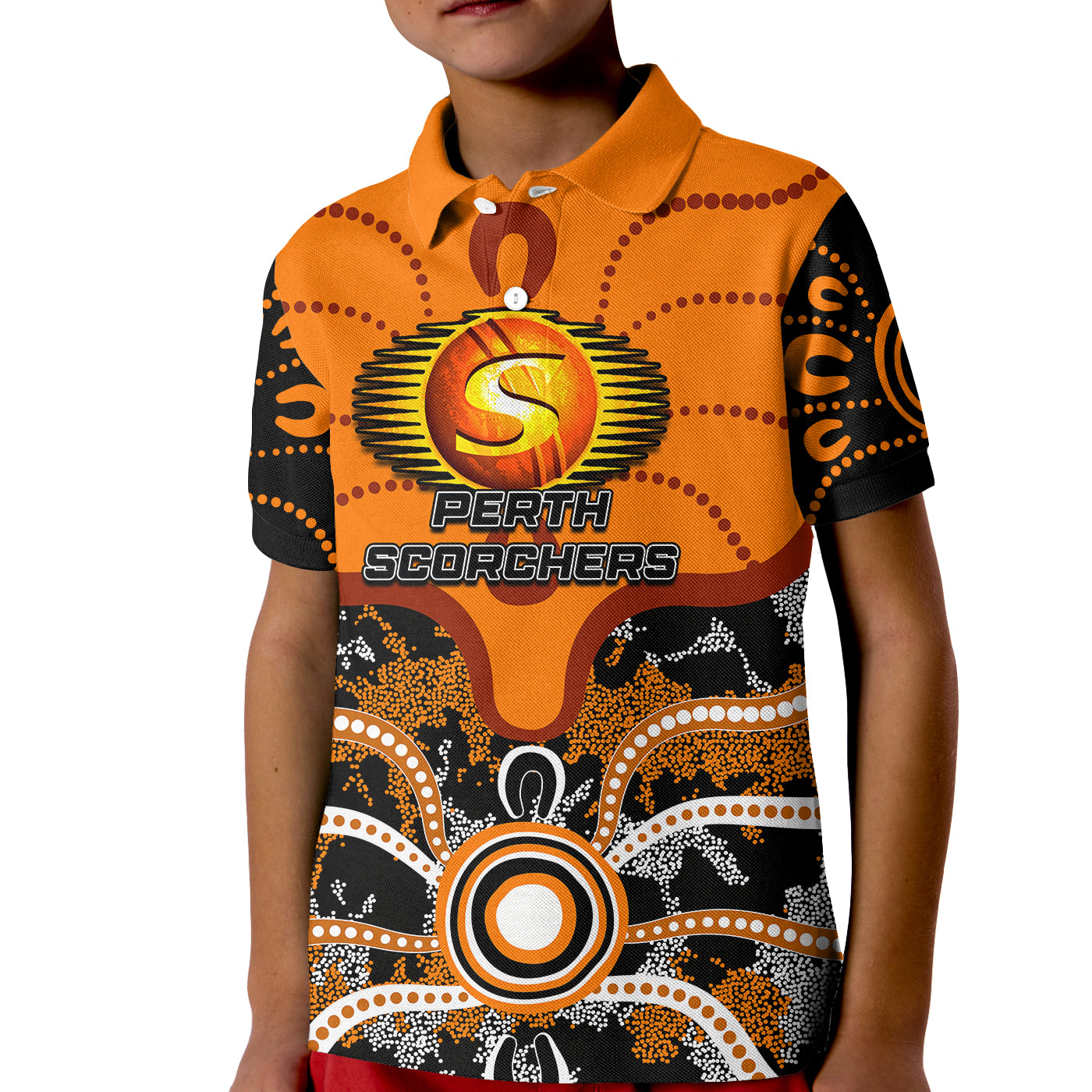 (Custom Personalised And Number) Perth Scorchers Polo shirt KID Cricket Dot Aboriginal - Vibe Hoodie Shop