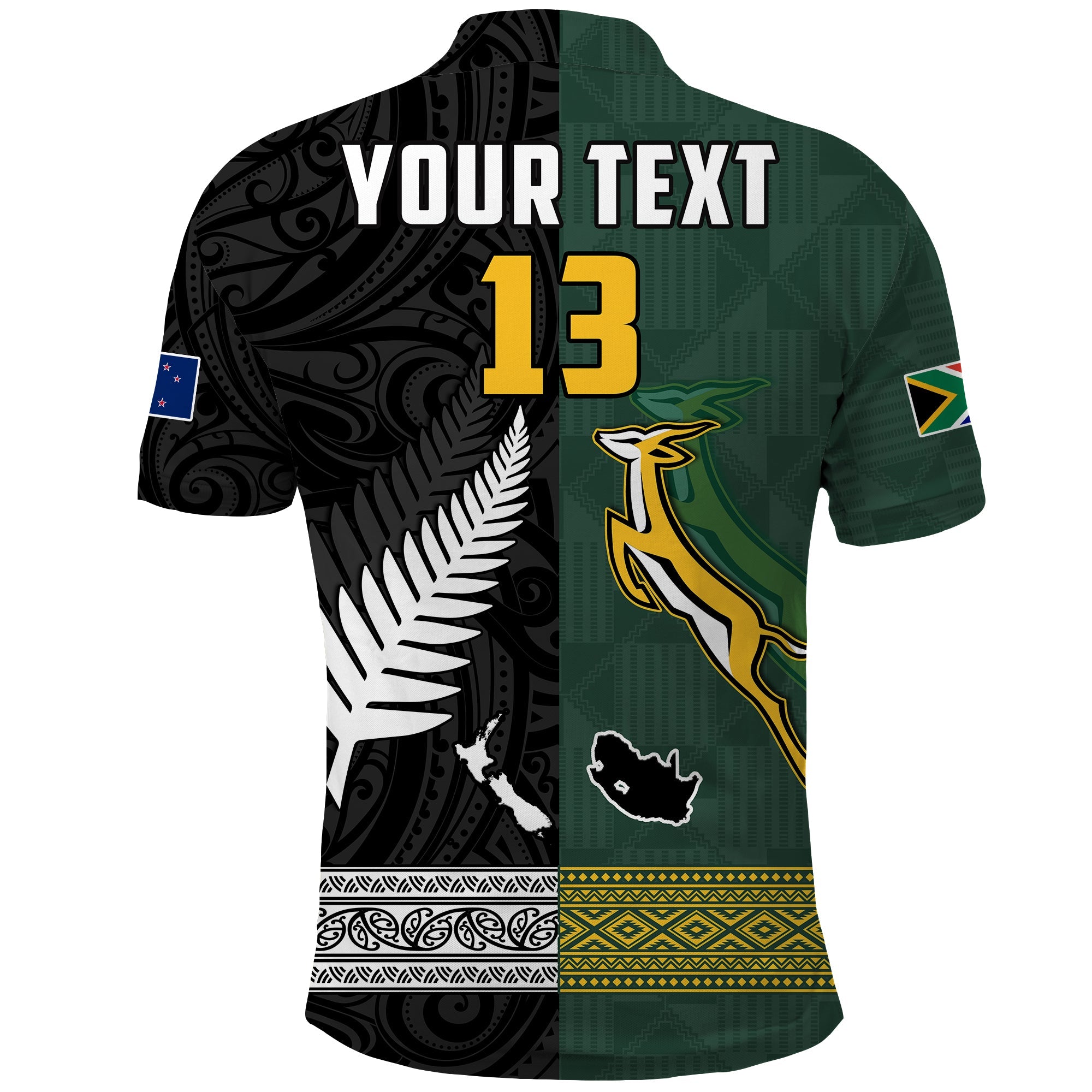 (Custom Text and Number) South Africa Protea and New Zealand Fern Polo Shirt Rugby Go Springboks vs All Black - Vibe Hoodie Shop