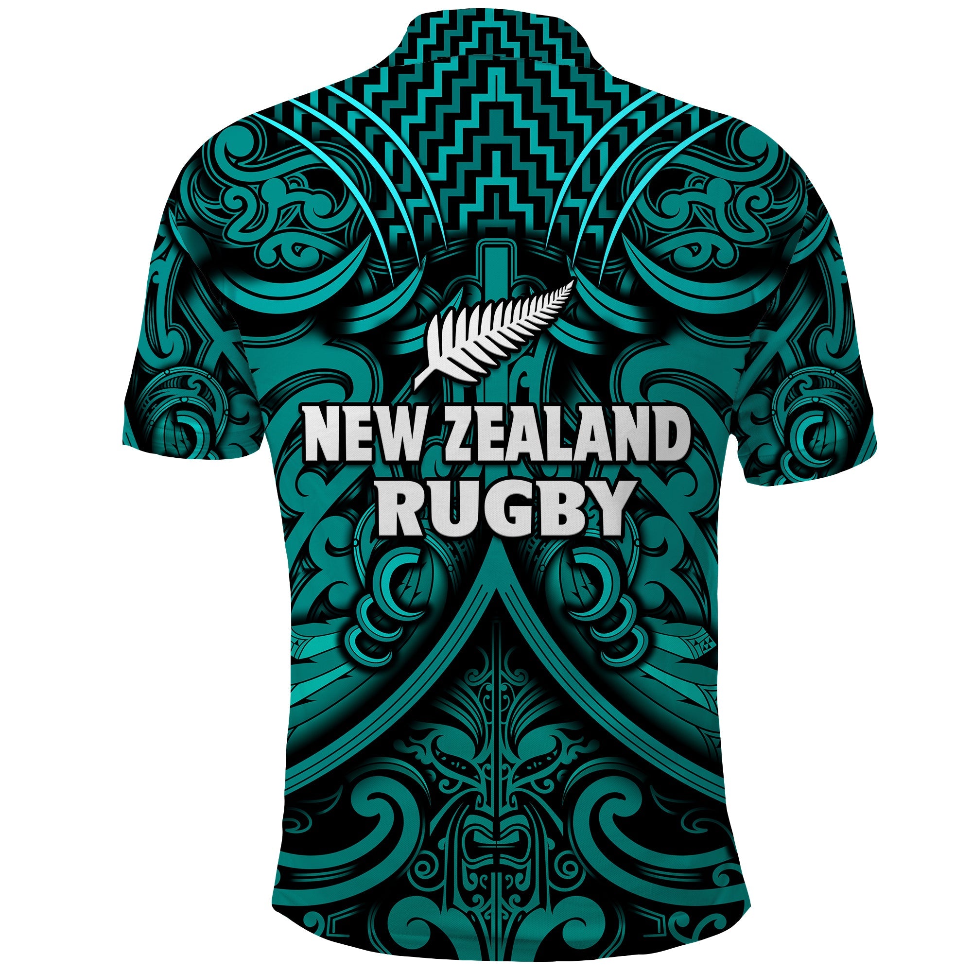New Zealand Silver Fern Rugby Polo Shirt All Black Turquoise NZ Maori Pattern - Vibe Hoodie Shop