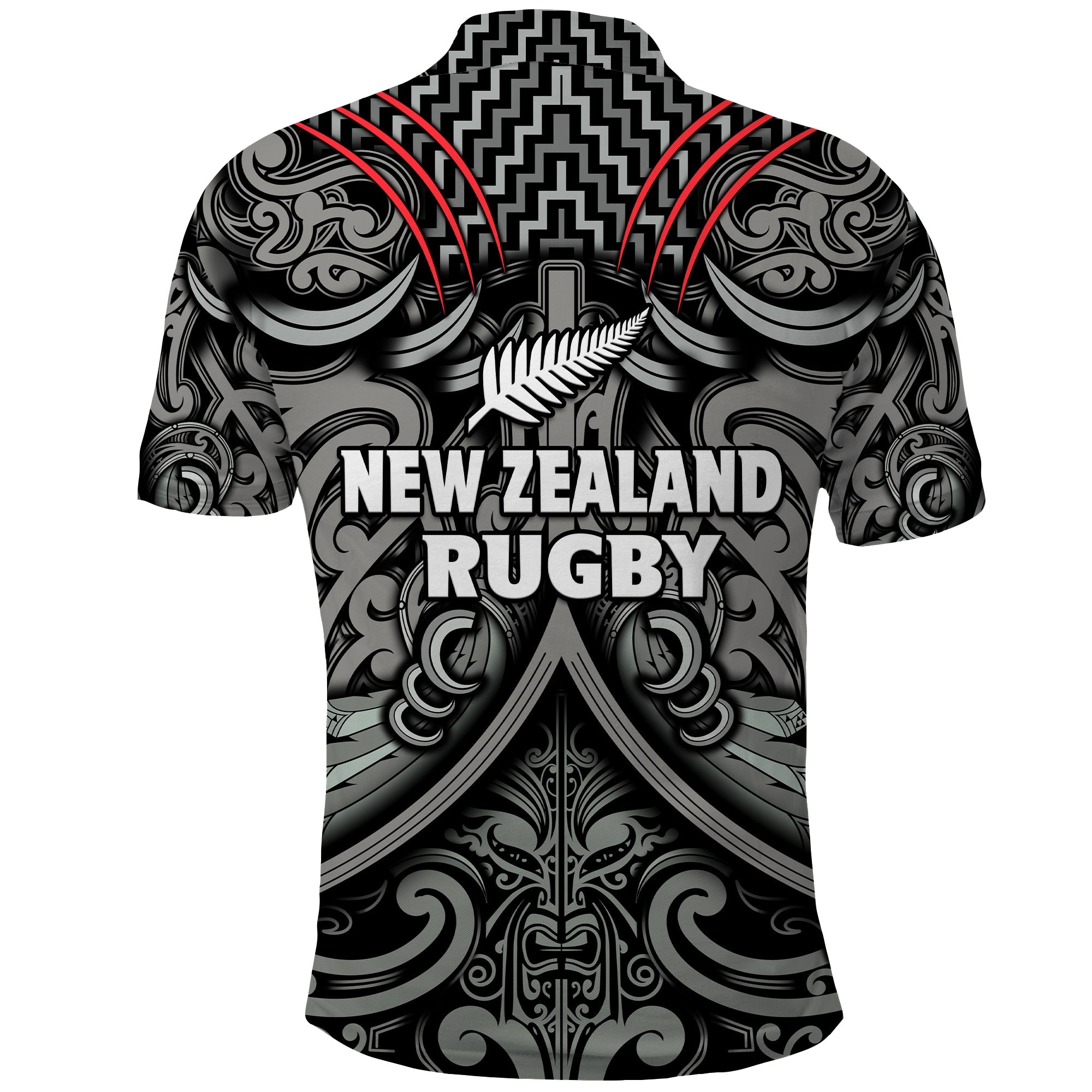 New Zealand Silver Fern Rugby Polo Shirt All Black NZ Maori Pattern - Vibe Hoodie Shop