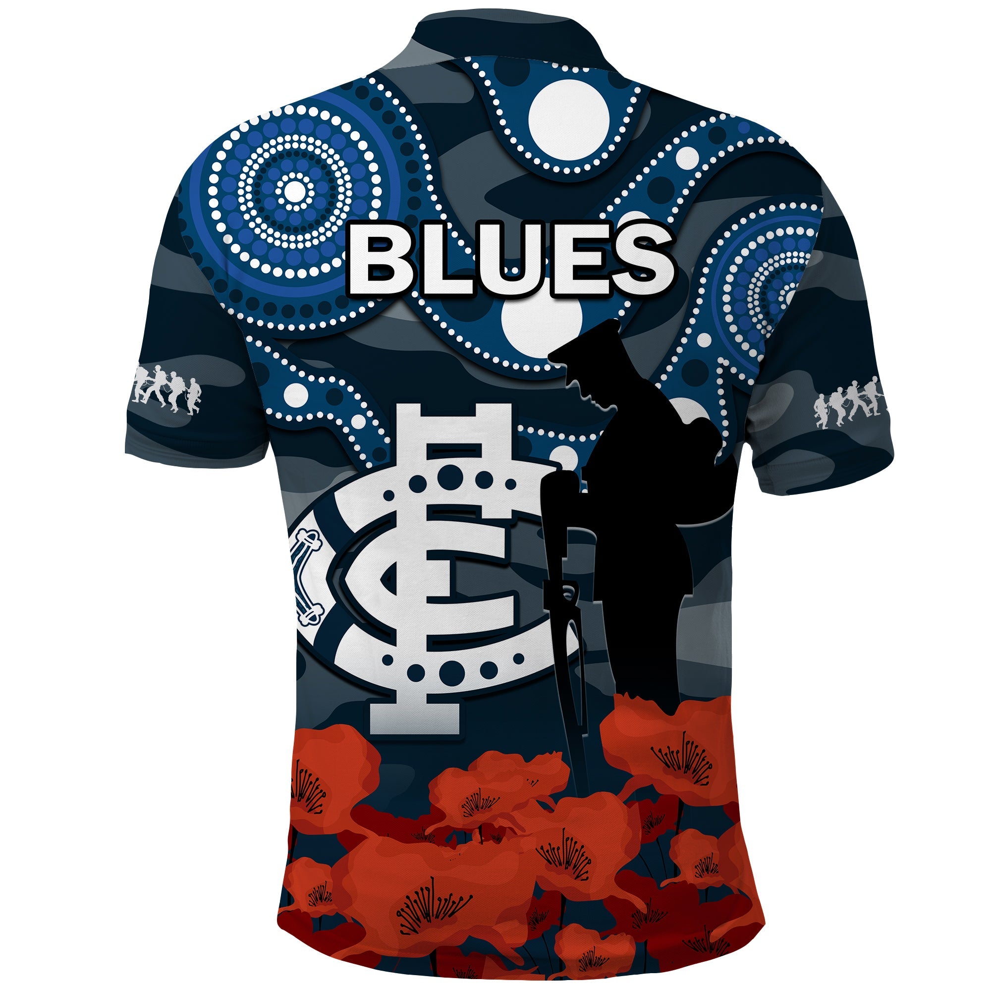 Carlton Football ANZAC 2023 Polo Shirt Blues Aboriginal Mix Poppy Camouflage - Vibe Hoodie Shop