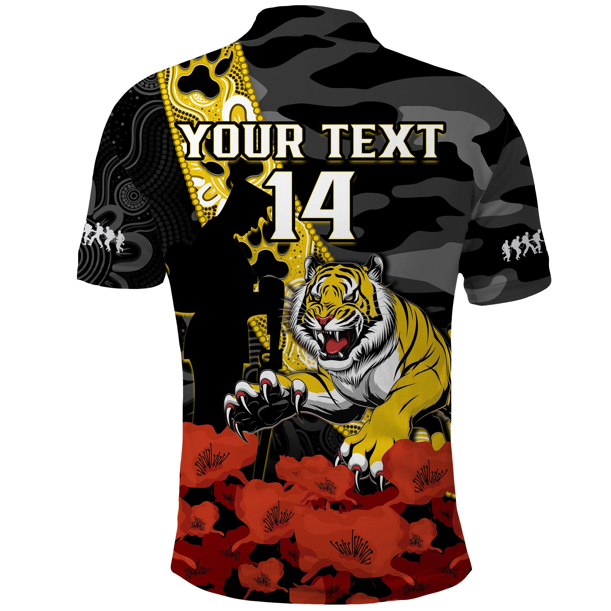 (Custom Text And Number) Richmond Football ANZAC 2023 Polo Shirt Tigers Aboriginal Mix Poppy Camouflage - Vibe Hoodie Shop