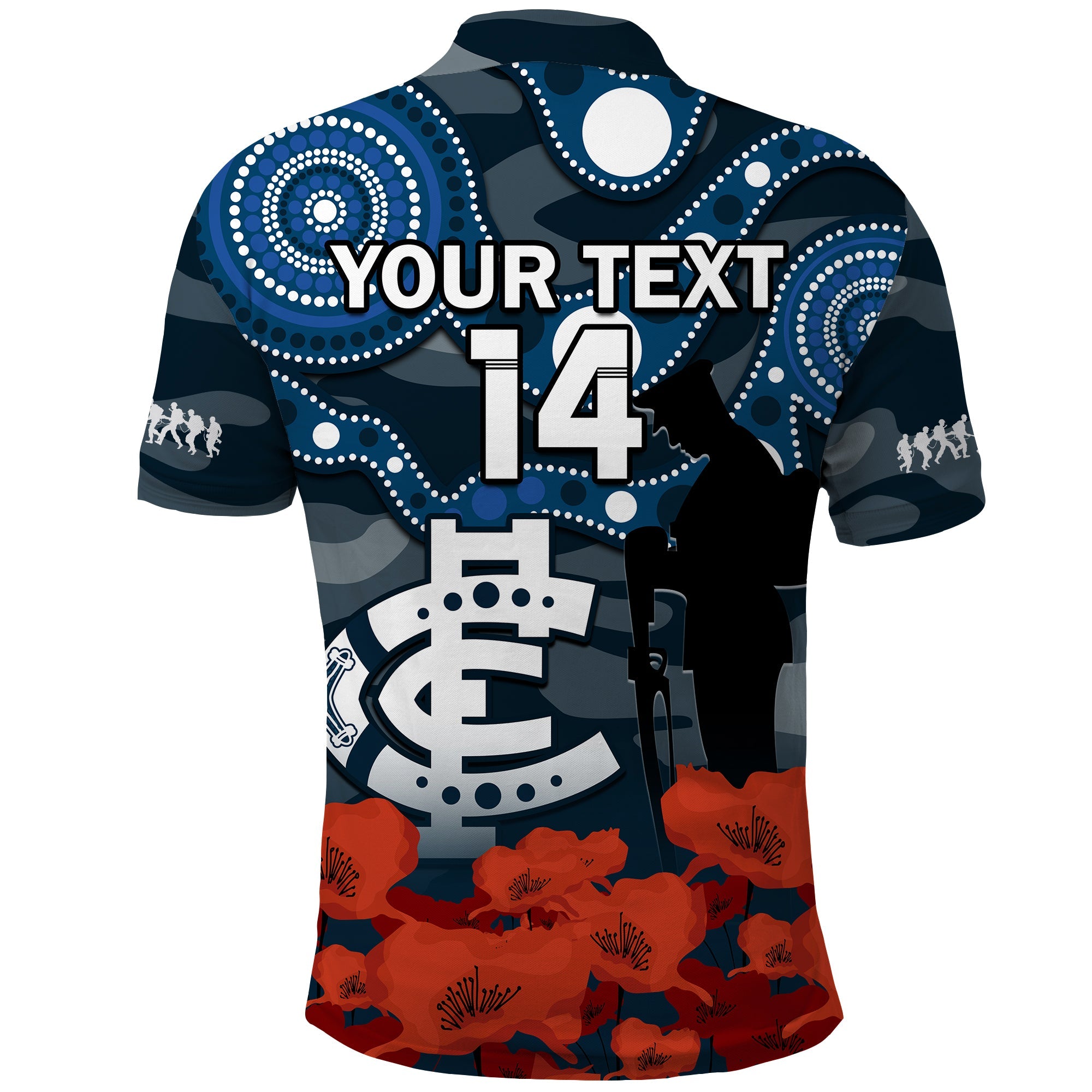 (Custom Text And Number) Carlton Football ANZAC 2023 Polo Shirt Blues Aboriginal Mix Poppy Camouflage - Vibe Hoodie Shop