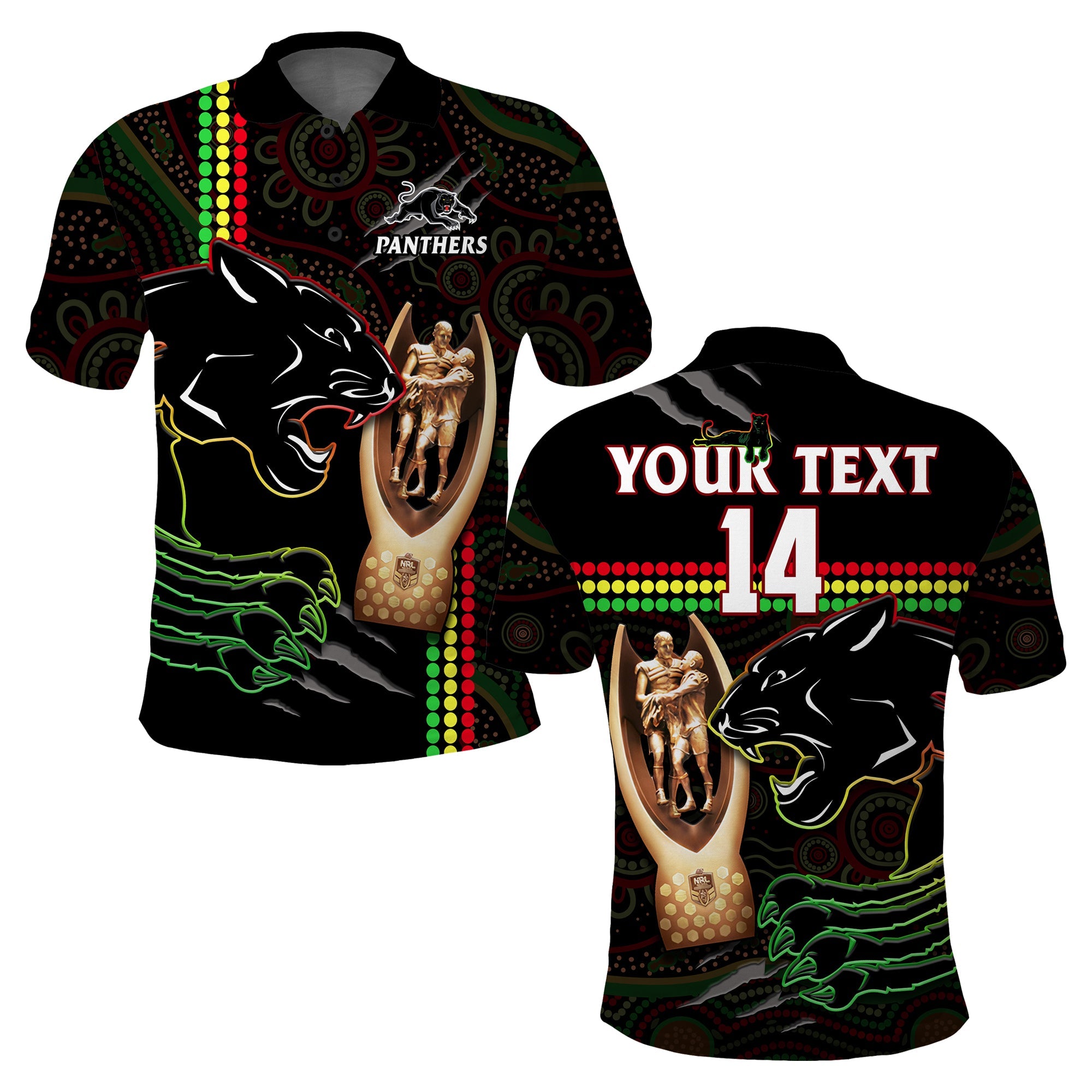 (Custom Text And Number) Panthers Rugby Polo Shirt The Riff 2022 Premiers Aboriginal Art - Vibe Hoodie Shop