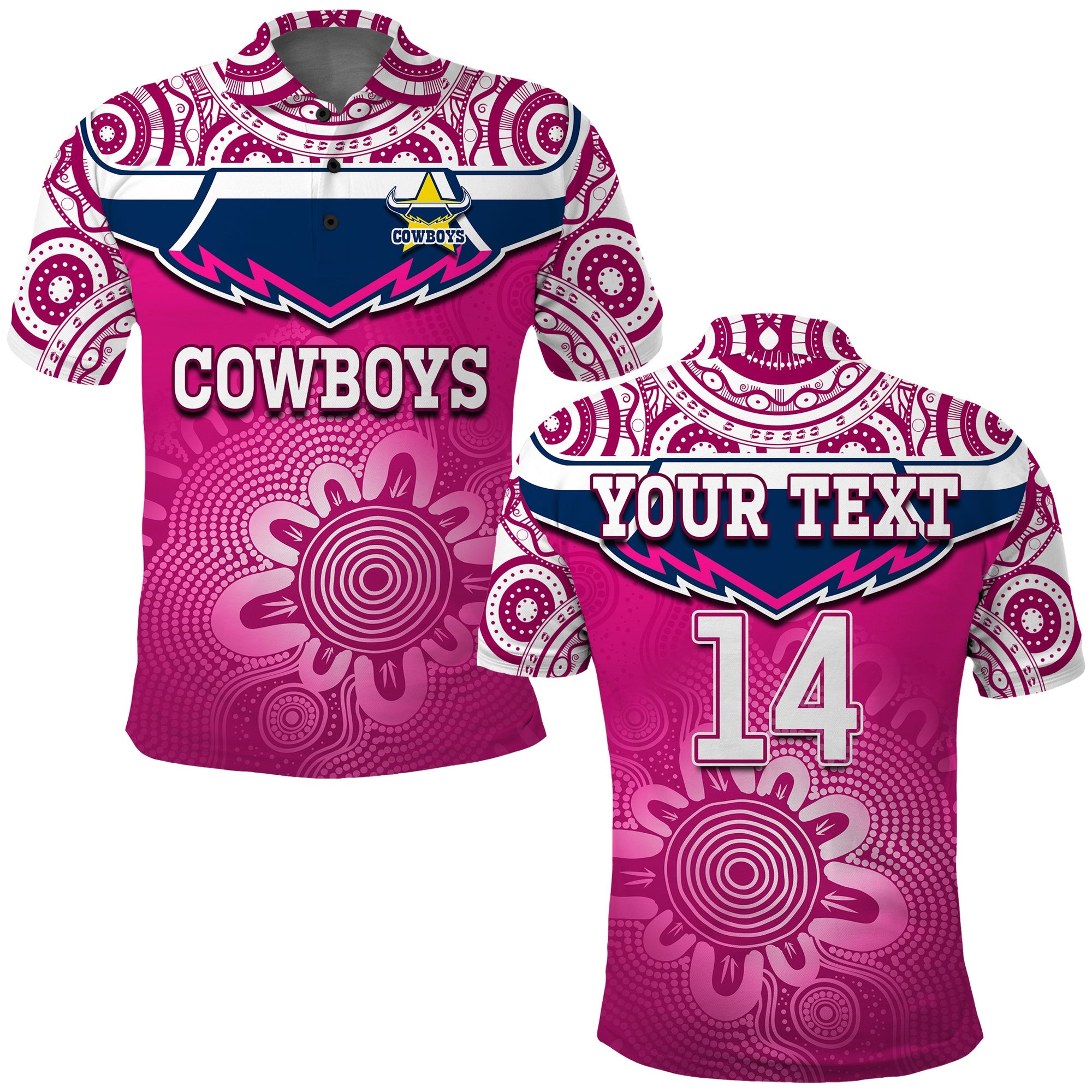 (Custom Text And Number) Cowboys Rugby Polo Shirt Aboriginal Pattern Pink Version - Vibe Hoodie Shop