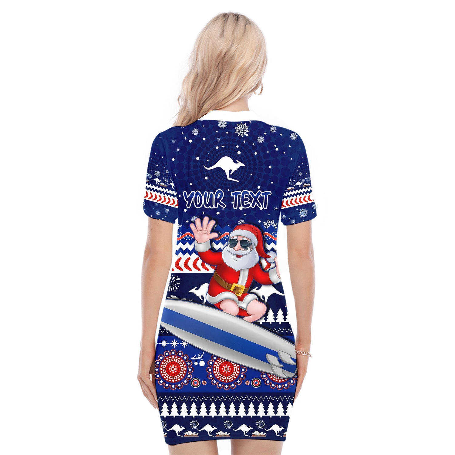 custom-personalised-australia-christmas-polo-dress-aussie-aboriginal-santa-claus-is-surfing-with-kangaroo