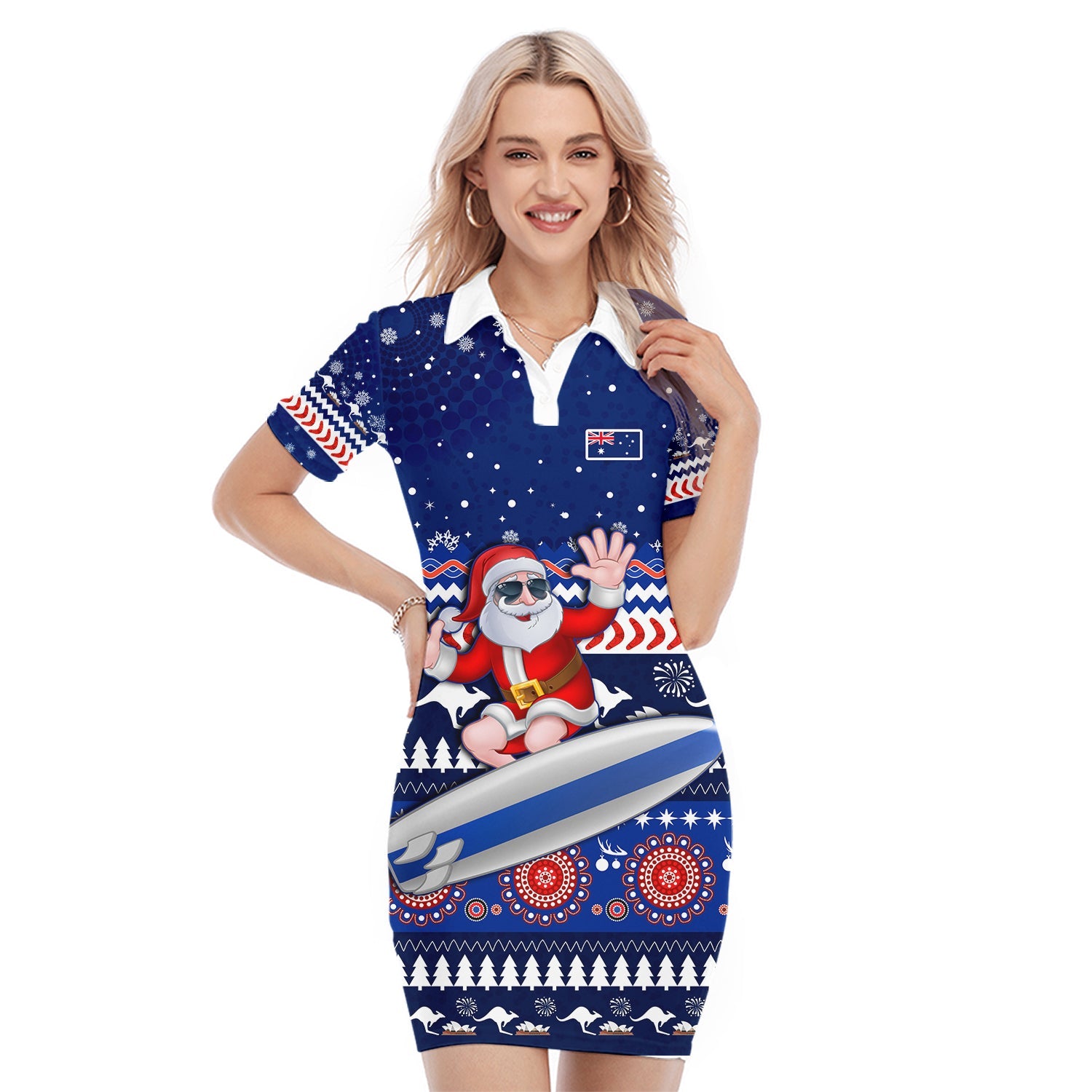 custom-personalised-australia-christmas-polo-dress-aussie-aboriginal-santa-claus-is-surfing-with-kangaroo