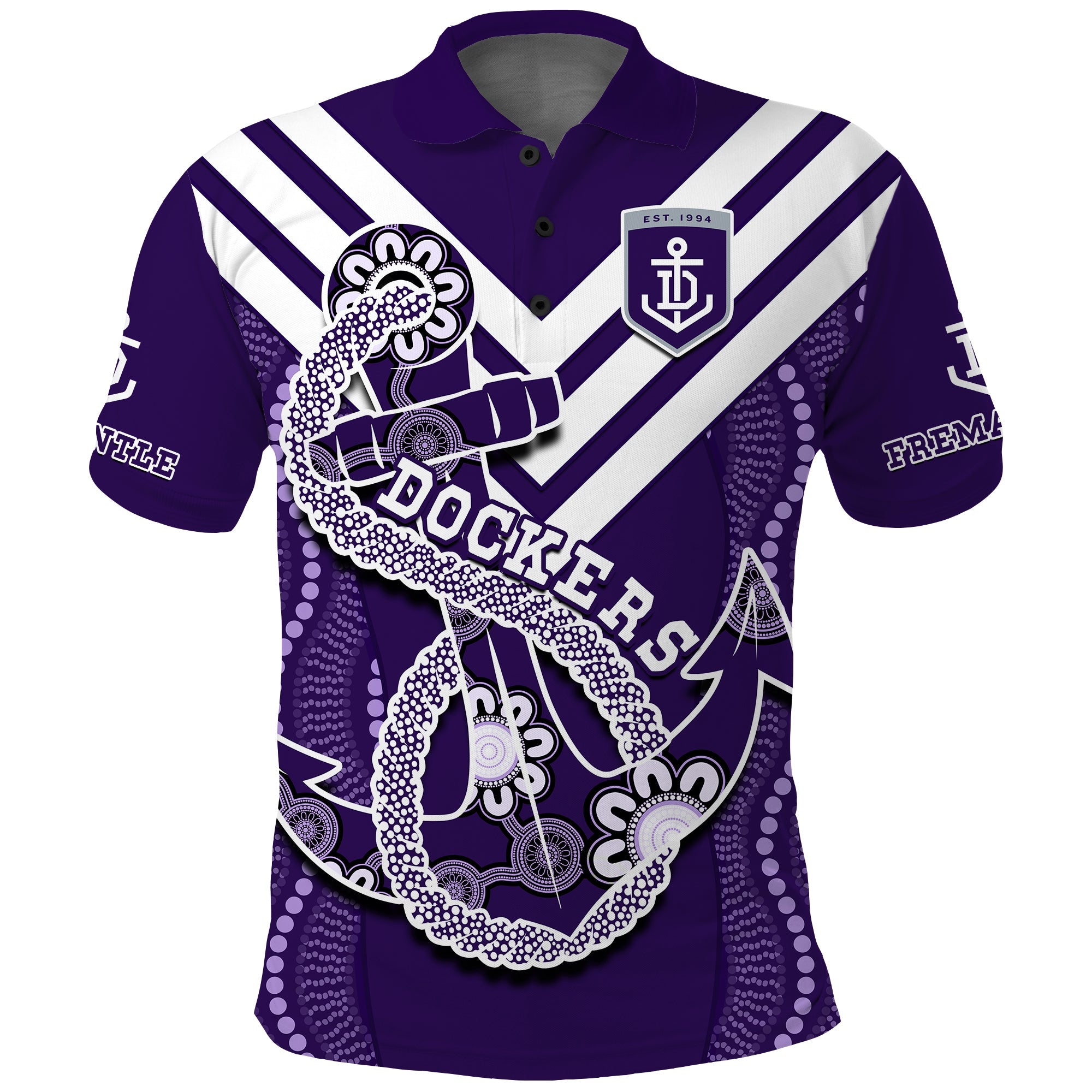 (Custom Text And Number) Dockers Football Polo Shirt Fremantle Anchor Mix Aboriginal Pattern Dynamic Style - Vibe Hoodie Shop