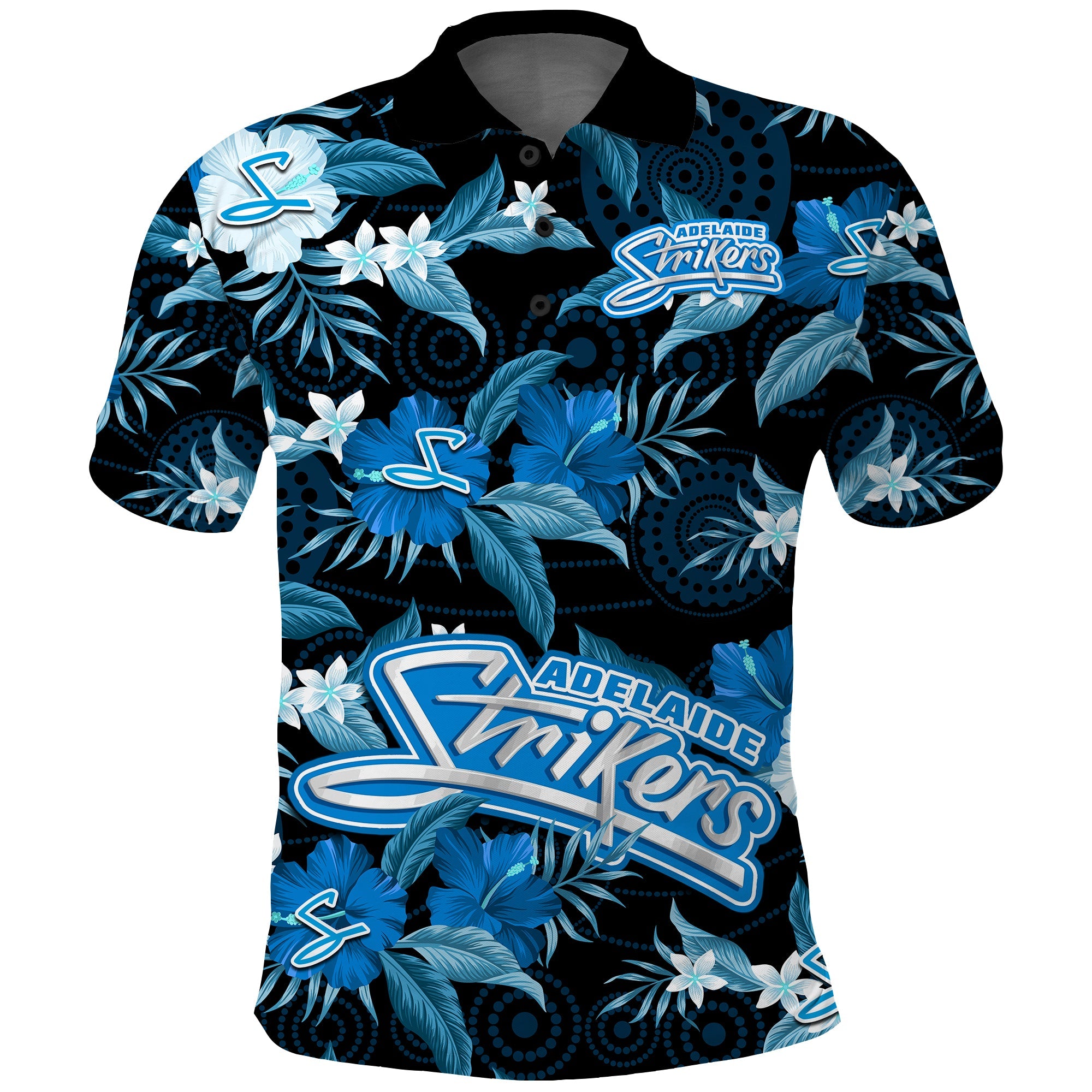 (Custom Text And Number) Adelaide Strikers Cricket Polo Shirt Aboriginal Art Mix Tropical Flowers - Vibe Hoodie Shop