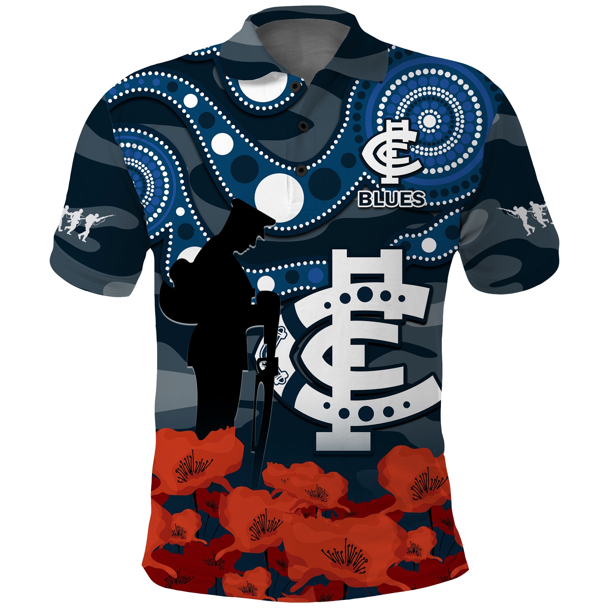 (Custom Text And Number) Carlton Football ANZAC 2023 Polo Shirt Blues Aboriginal Mix Poppy Camouflage - Vibe Hoodie Shop