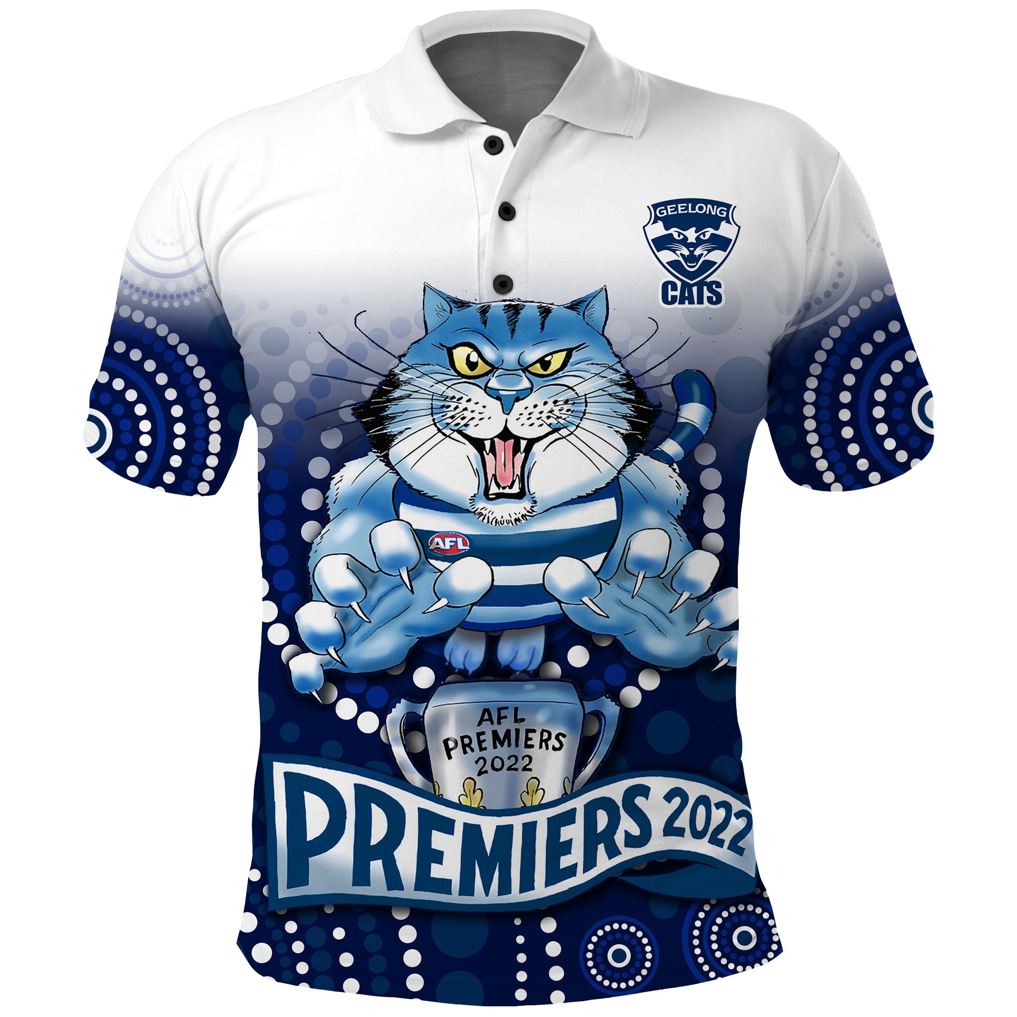 (Custom Text and Number) Cats Football Polo Shirt Aboriginal Australian Premiers 2022 Proud Geelong Cartoon - Vibe Hoodie Shop