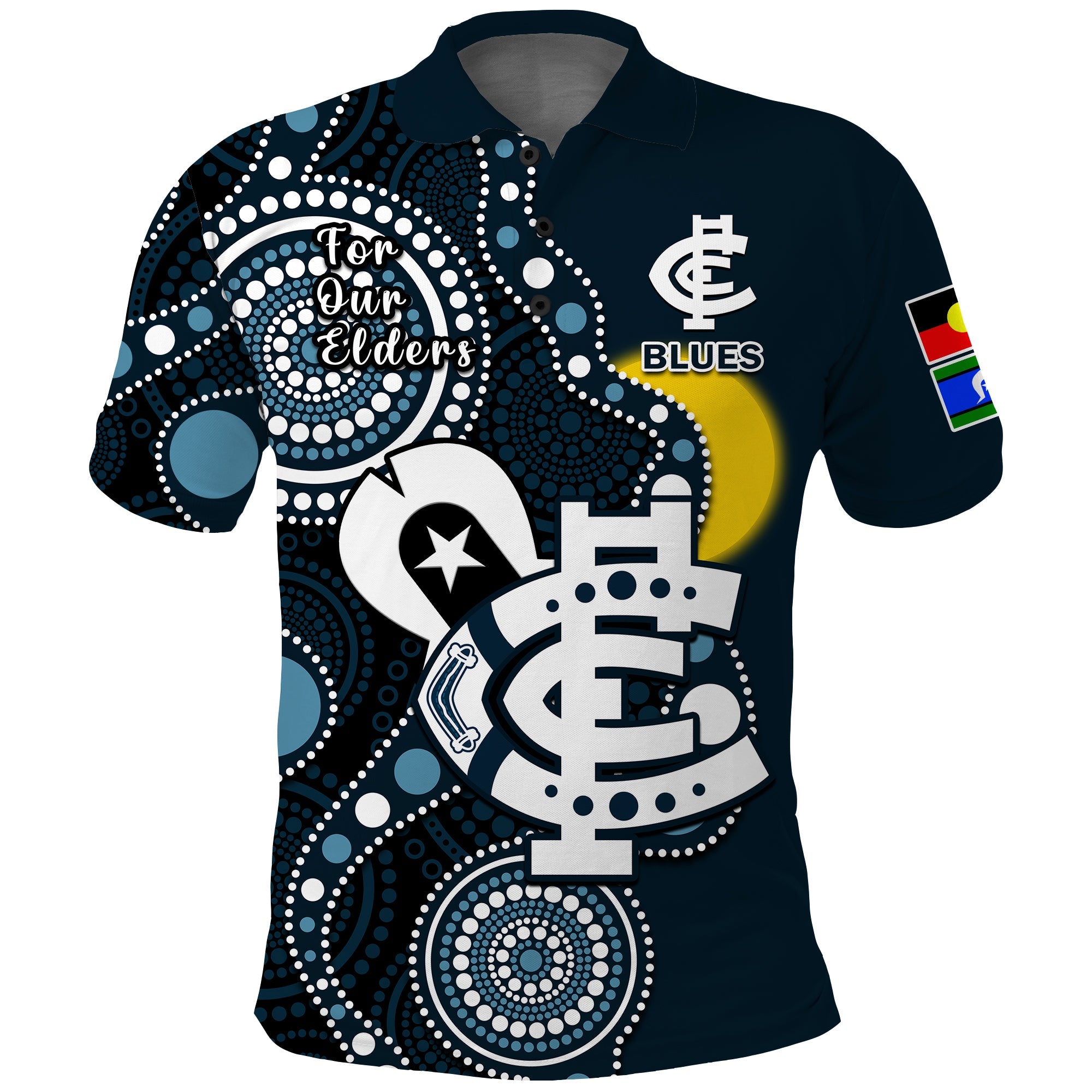 (Custom Text And Number) Carlton Football NAIDOC 2023 Polo Shirt Blues For Our Elders Indigenous Art - Vibe Hoodie Shop