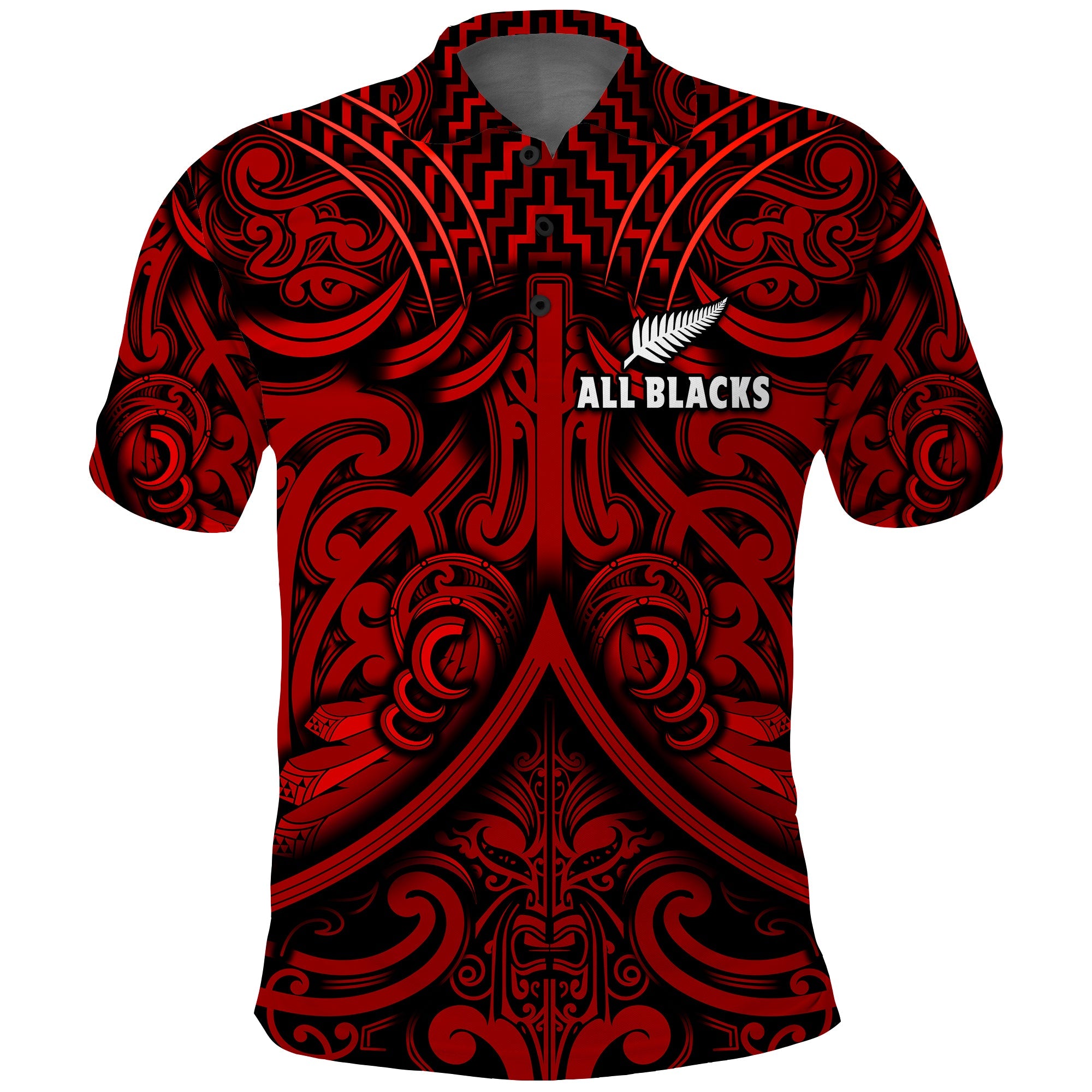 New Zealand Silver Fern Rugby Polo Shirt All Black Red NZ Maori Pattern - Vibe Hoodie Shop