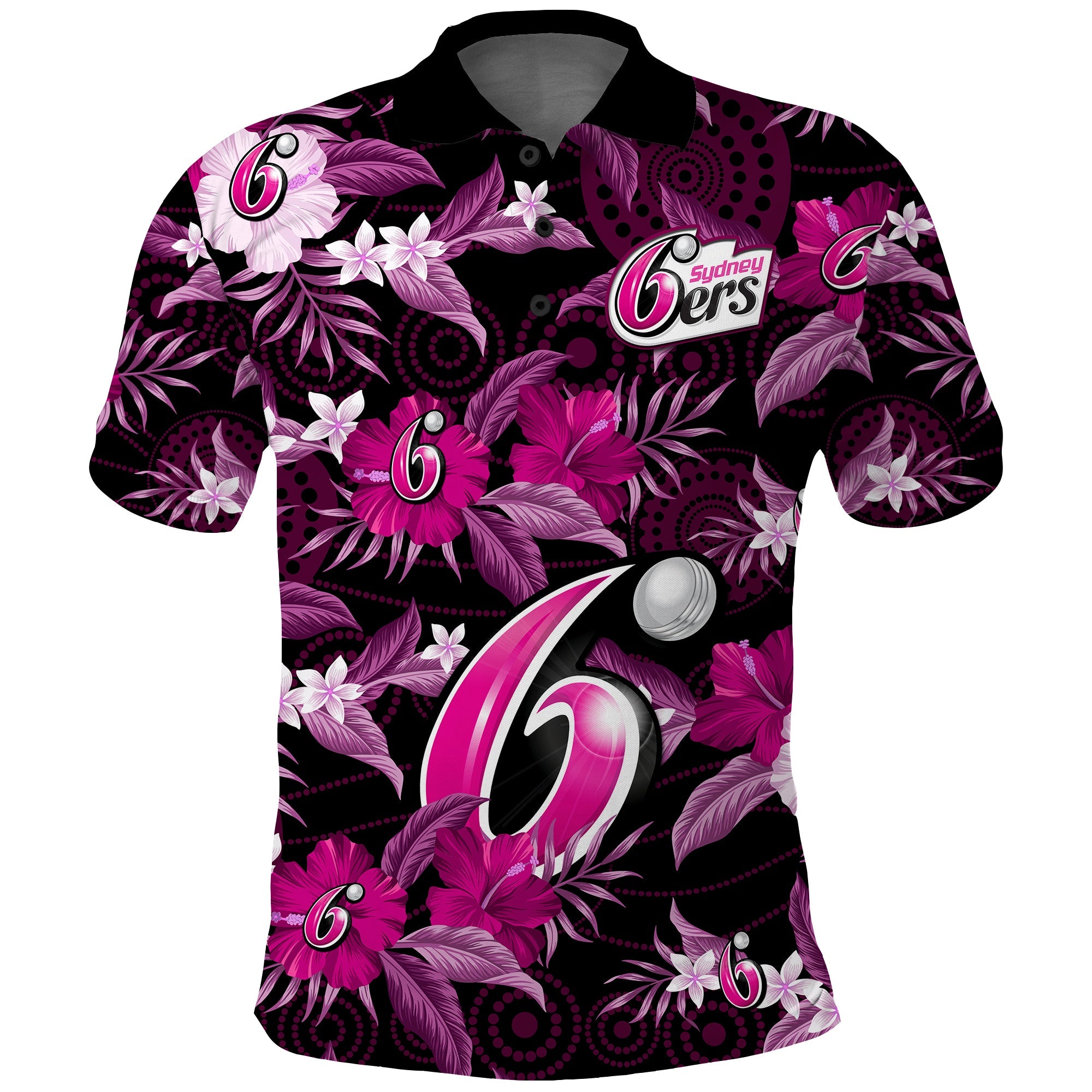 (Custom Text And Number) Sydney Sixers Cricket Polo Shirt Aboriginal Art Mix Tropical Flowers - Vibe Hoodie Shop