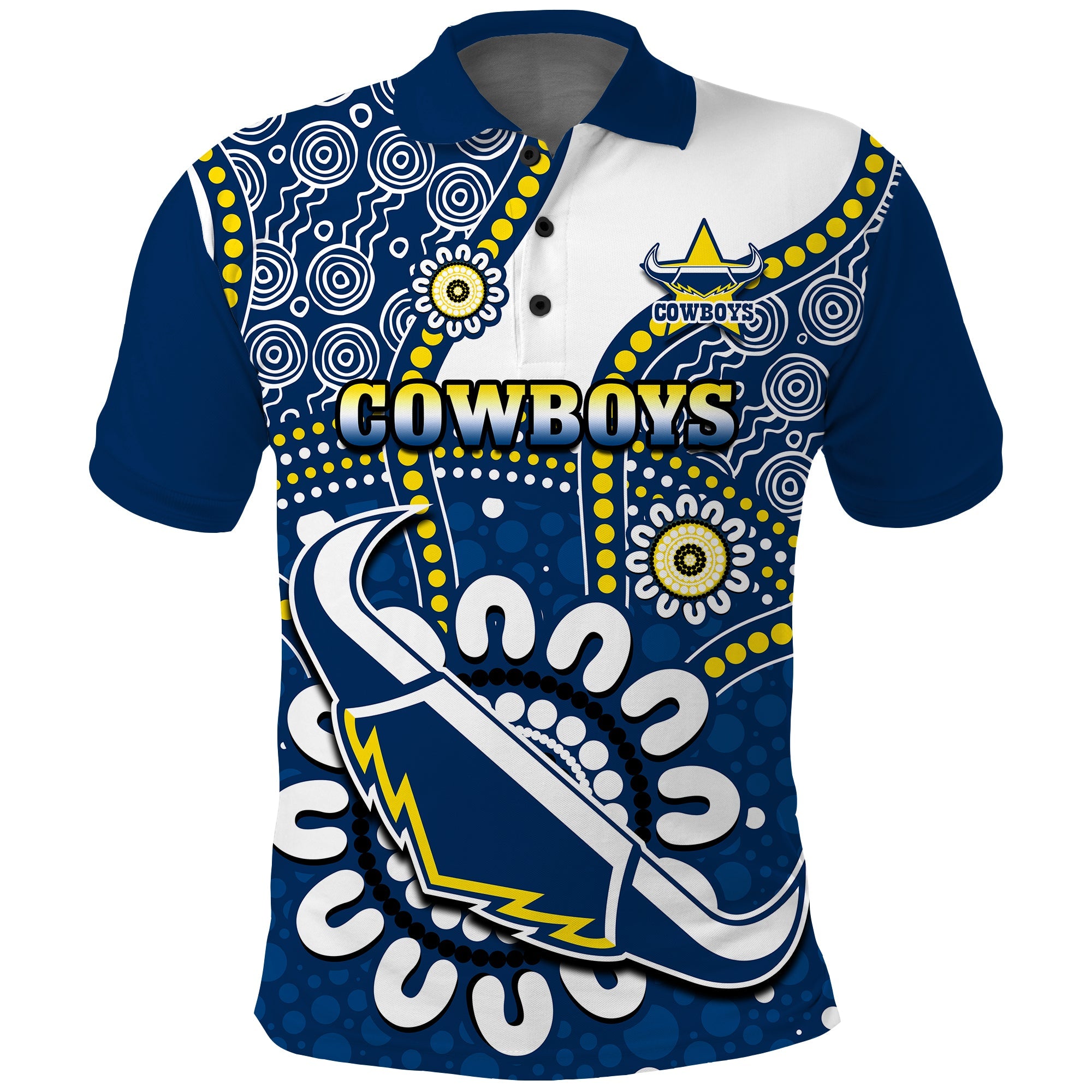 (Custom Text And Number) Cowboys Rugby Polo Shirt Indigenous Art - Vibe Hoodie Shop