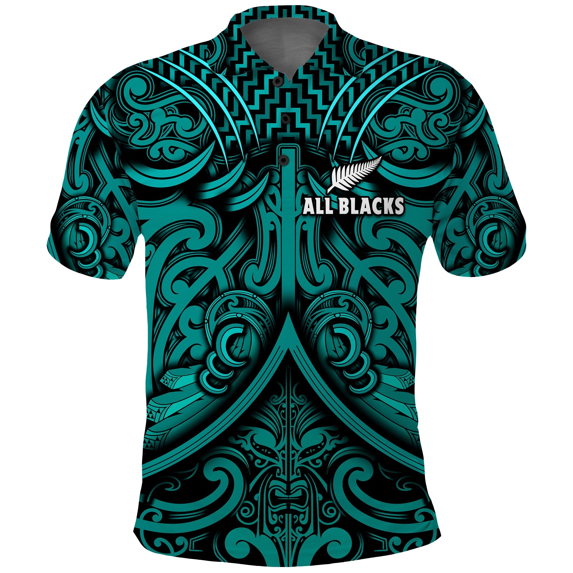 New Zealand Silver Fern Rugby Polo Shirt All Black Turquoise NZ Maori Pattern - Vibe Hoodie Shop