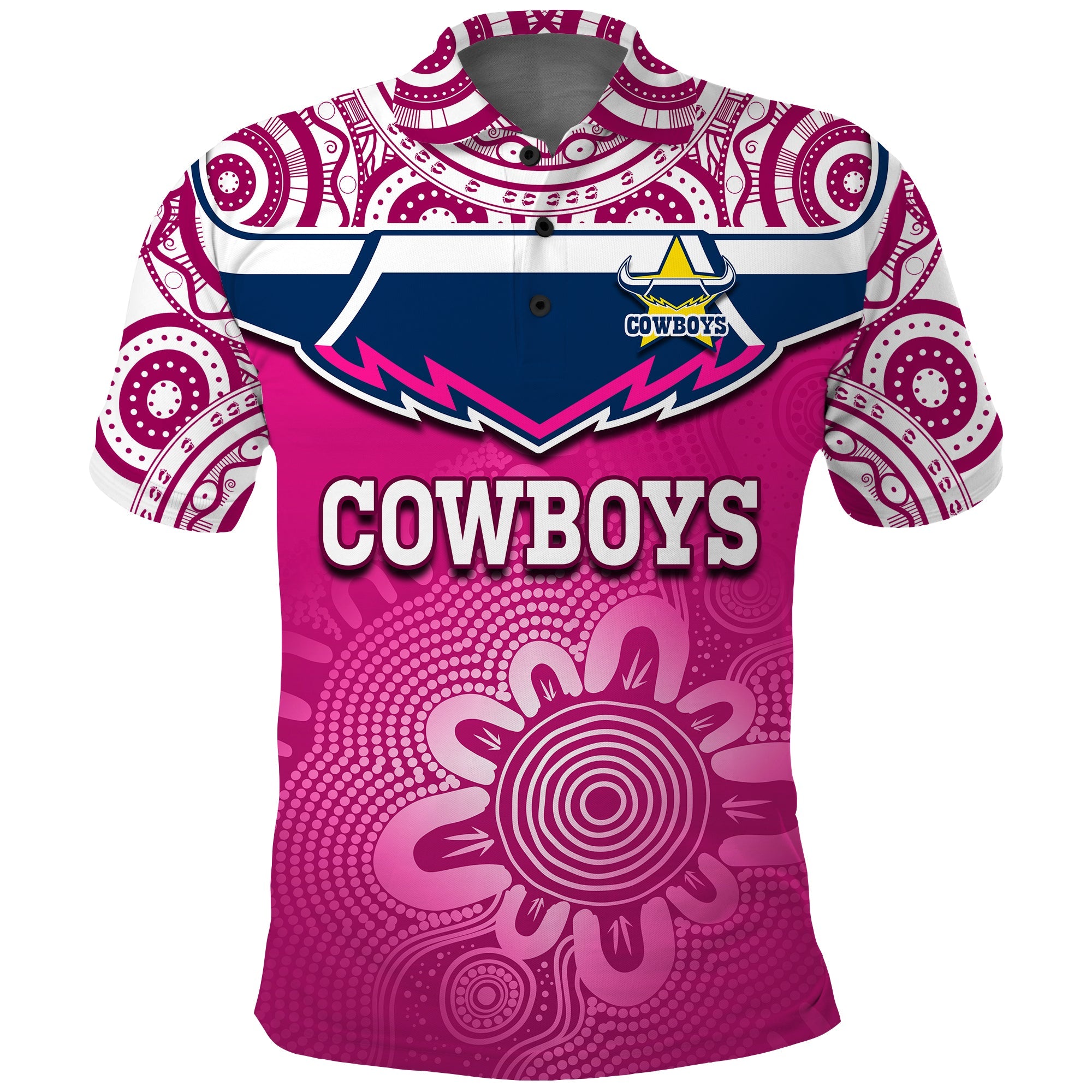 (Custom Text And Number) Cowboys Rugby Polo Shirt Aboriginal Pattern Pink Version - Vibe Hoodie Shop