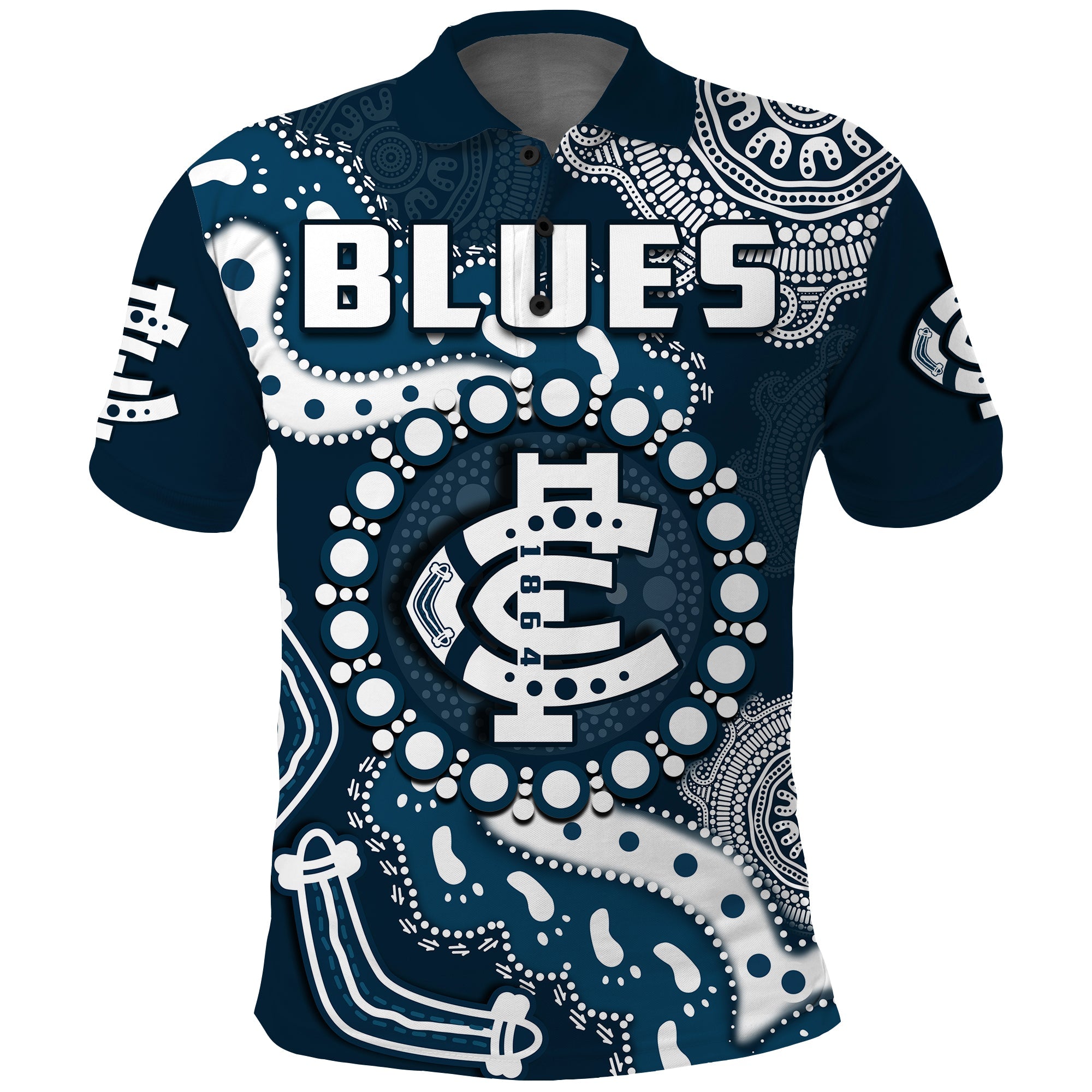 (Custom Text And Number) Carlton Football Polo Shirt Blues 1864 Boomerang Indigenous Artsy - Vibe Hoodie Shop