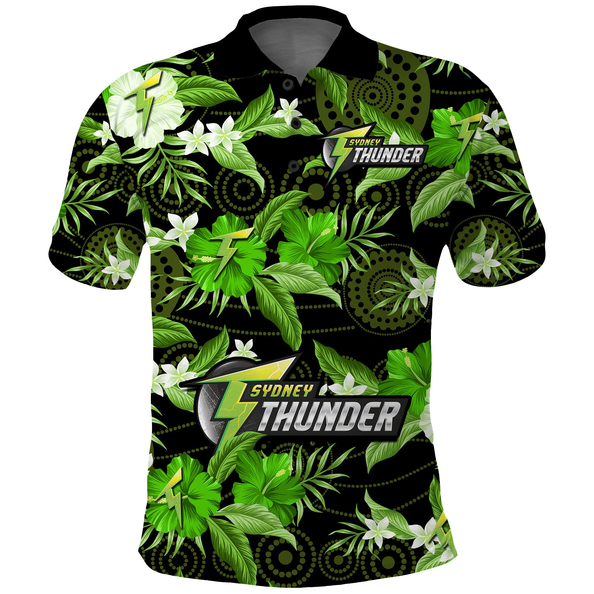 (Custom Text And Number) Sydney Thunder Cricket Polo Shirt Aboriginal Art Mix Tropical Flowers - Vibe Hoodie Shop