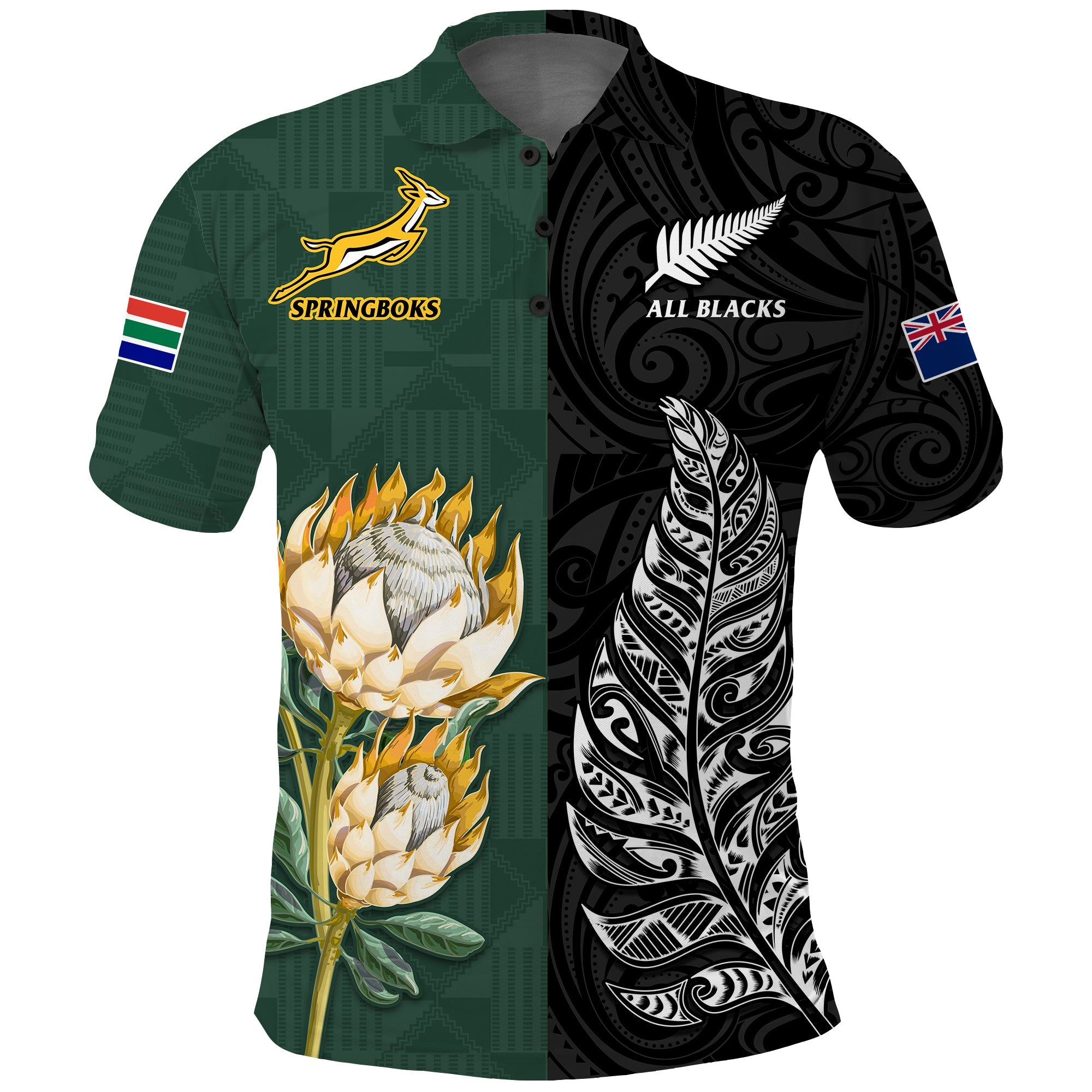 (Custom Text and Number) South Africa Protea and New Zealand Fern Polo Shirt Rugby Go Springboks vs All Black - Vibe Hoodie Shop