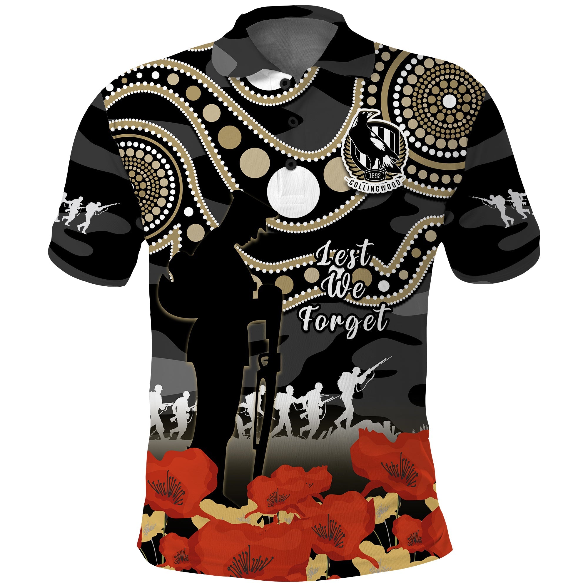 (Custom Text And Number) Collingwood Football ANZAC 2023 Polo Shirt Aboriginal Mix Poppy Camouflage - Vibe Hoodie Shop