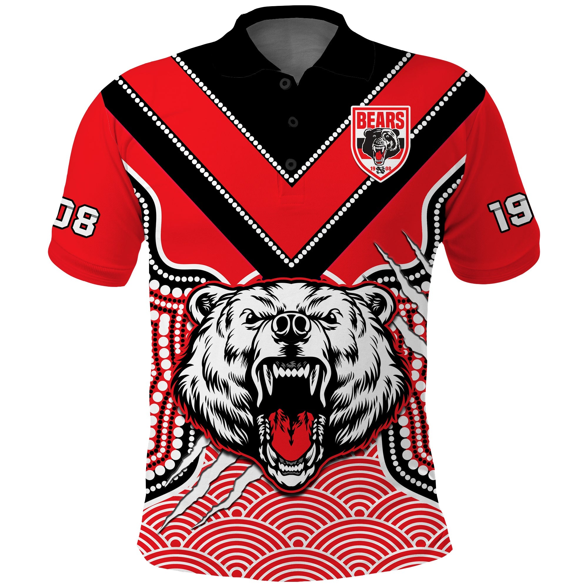 North Sydney Rugby Polo Shirt Bears 1908 Indigenous Pattern - Vibe Hoodie Shop