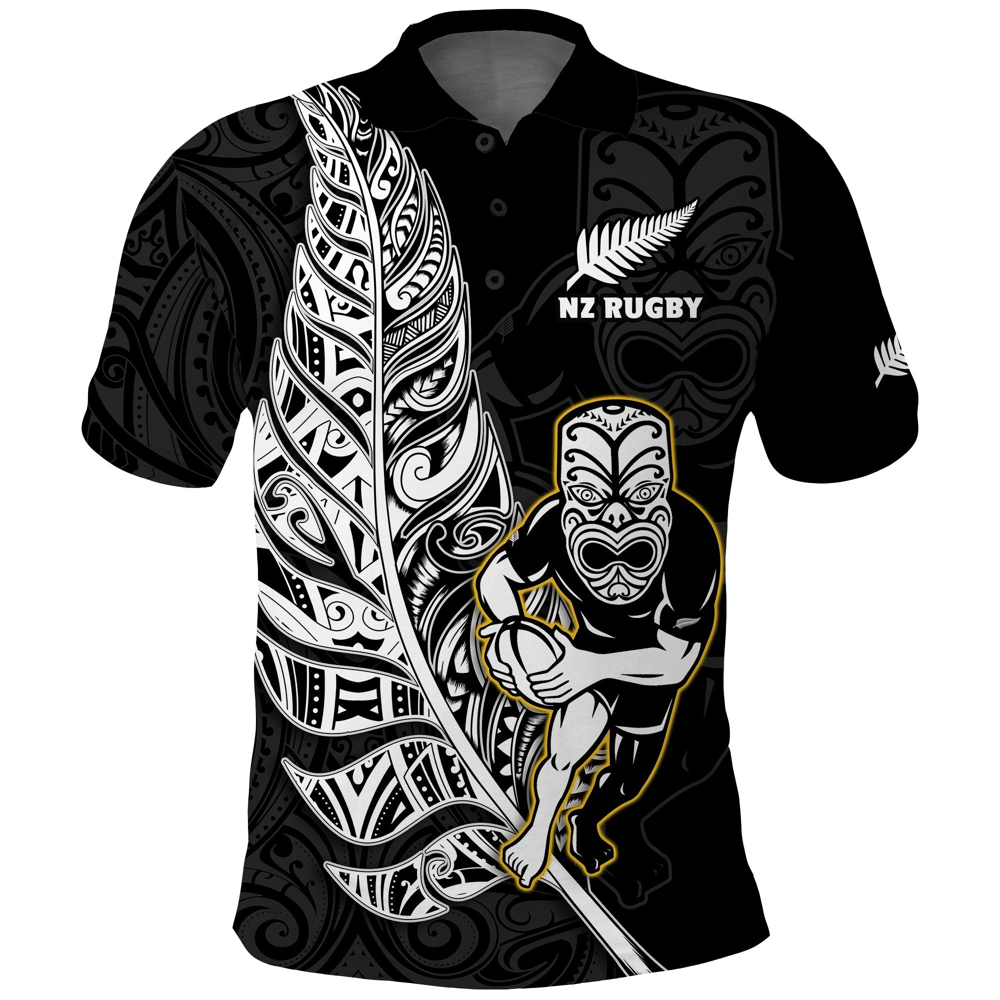 (Custom Text And Number) New Zealand Silver Fern Rugby Polo Shirt All Black Maori Version Black - Vibe Hoodie Shop