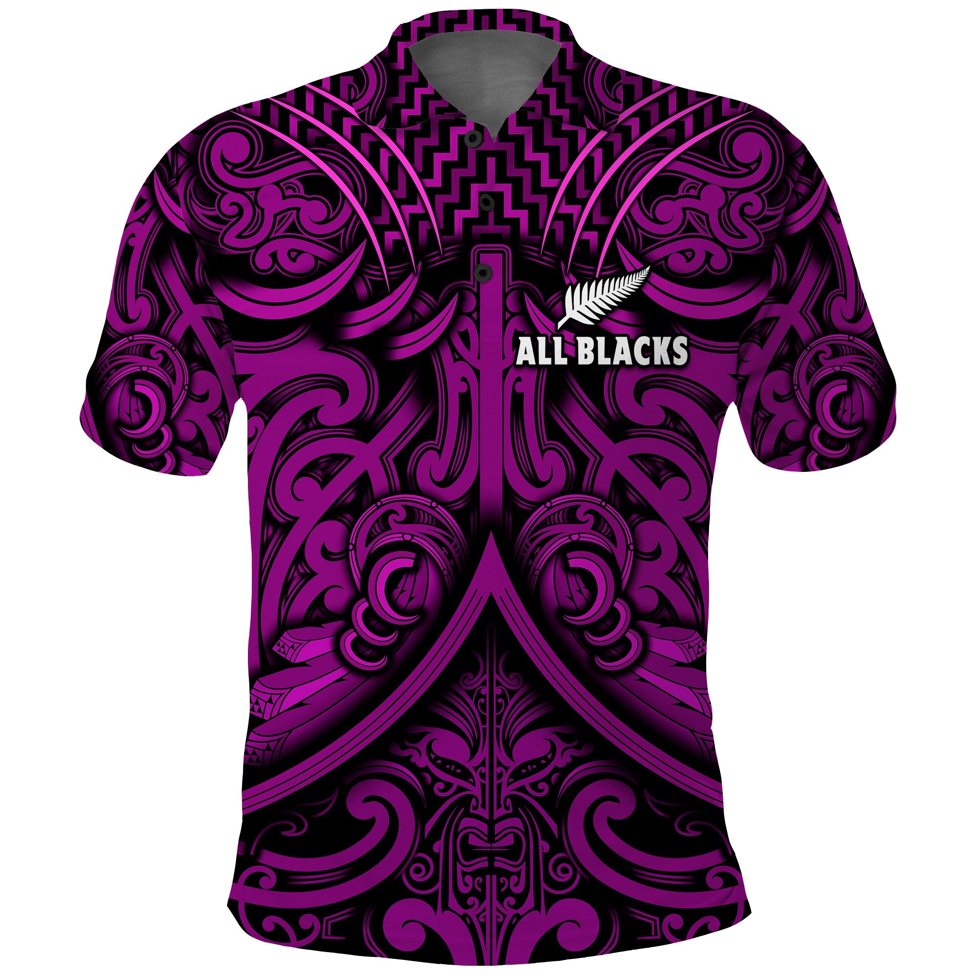 (Custom Text and Number) New Zealand Silver Fern Rugby Polo Shirt All Black Purple NZ Maori Pattern - Vibe Hoodie Shop