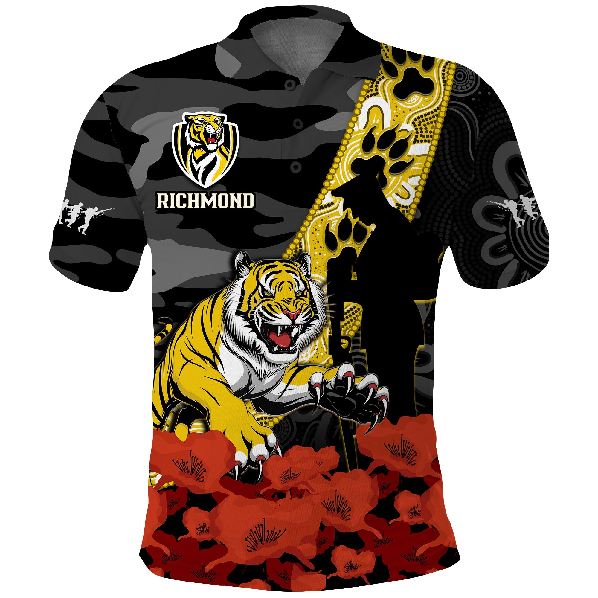 (Custom Text And Number) Richmond Football ANZAC 2023 Polo Shirt Tigers Aboriginal Mix Poppy Camouflage - Vibe Hoodie Shop