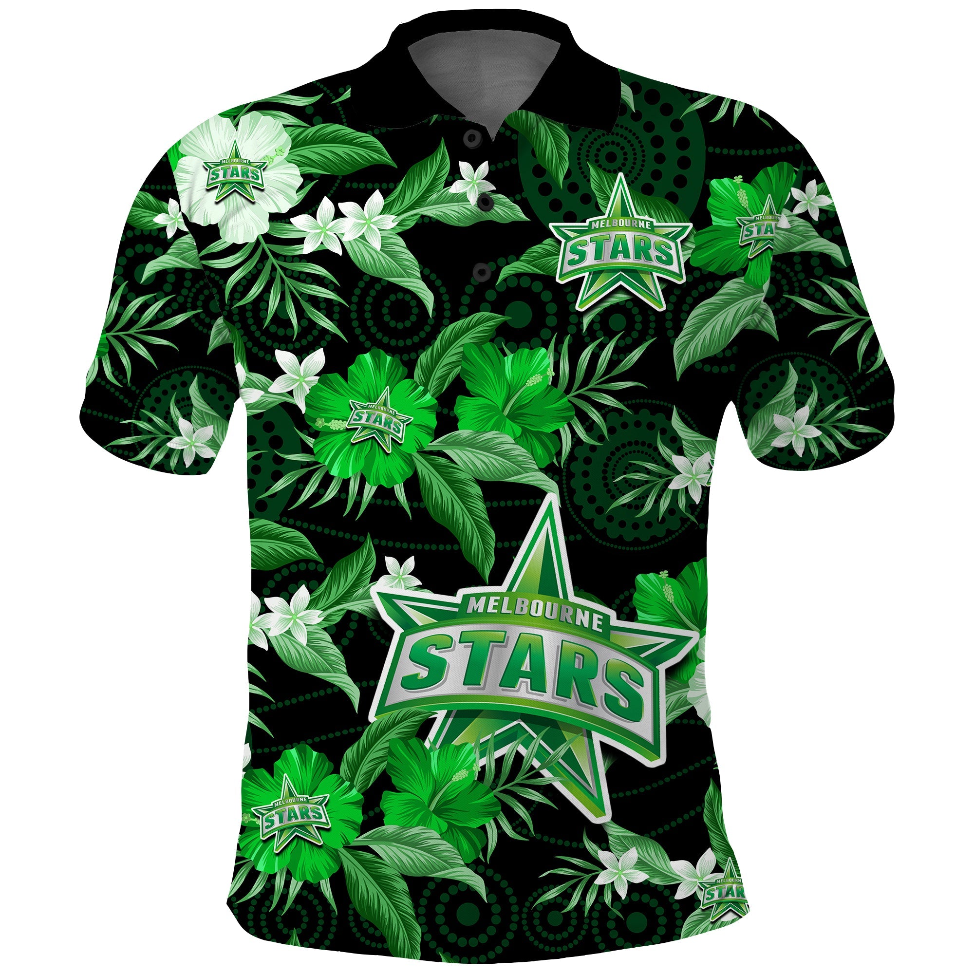 (Custom Text And Number) Melbourne Stars Cricket Polo Shirt Aboriginal Art Mix Tropical Flowers - Vibe Hoodie Shop