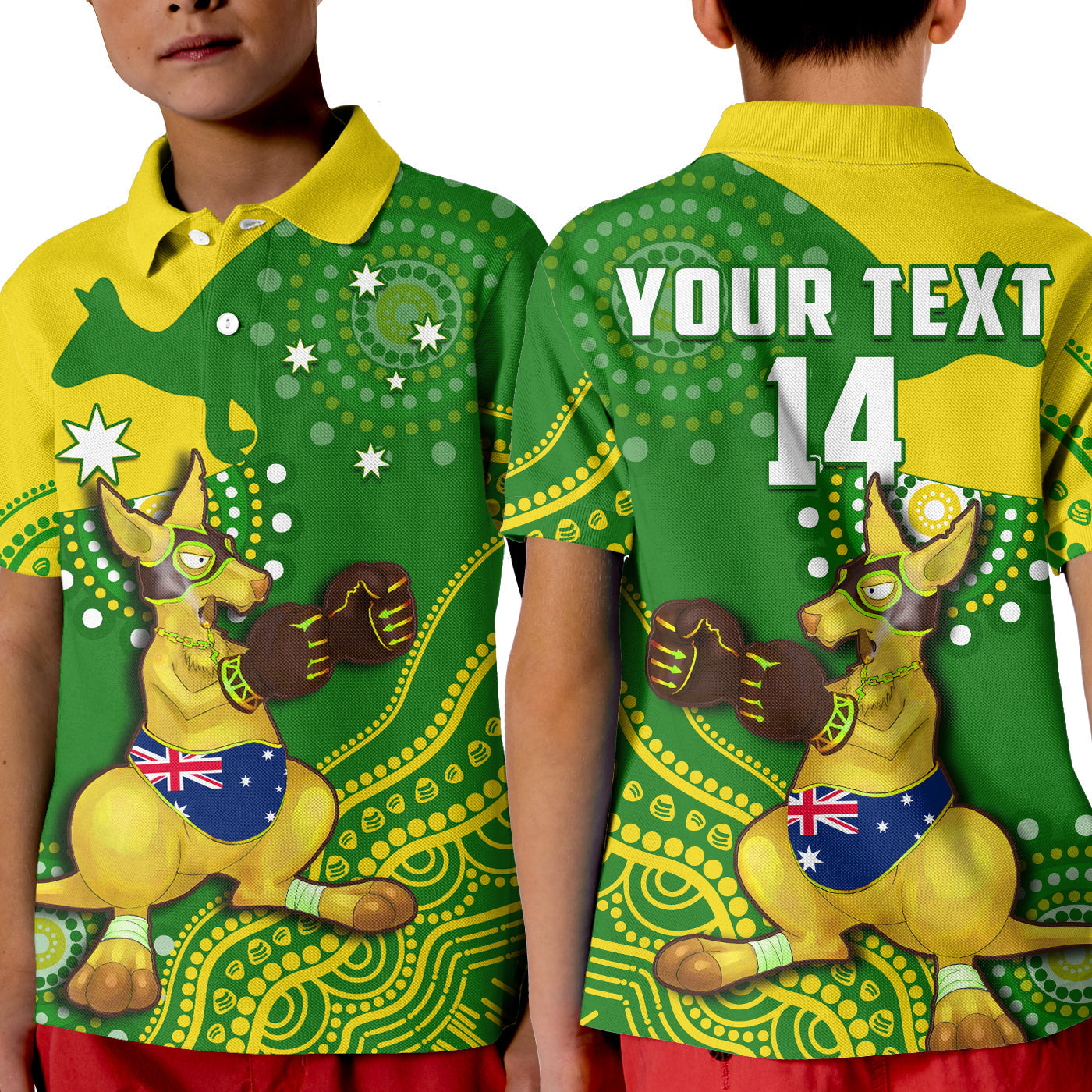 (Custom Text And Number) Australia Polo Shirt KID Boxing Kangaroo Indigenous National Color Art - Vibe Hoodie Shop