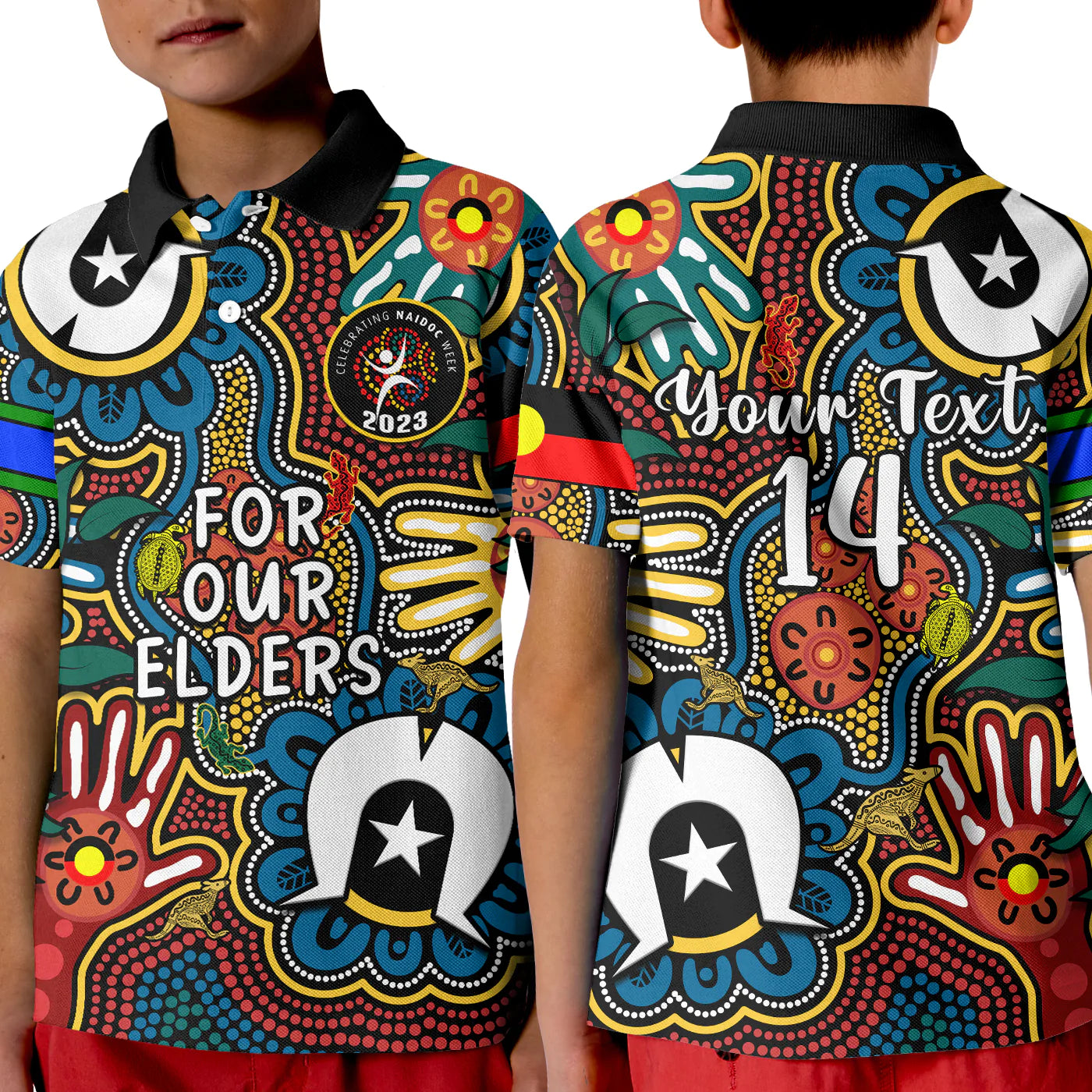 (Custom Text And Number) Australia NAIDOC Week 2023 Polo Shirt KID For Our Elders Indigenous - Vibe Hoodie Shop