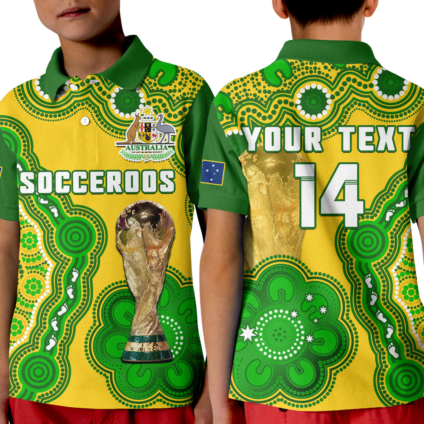 (Custom Text And Number) Australia Soccer Polo Shirt KID Socceroos Aboriginal WC 2022 - Vibe Hoodie Shop