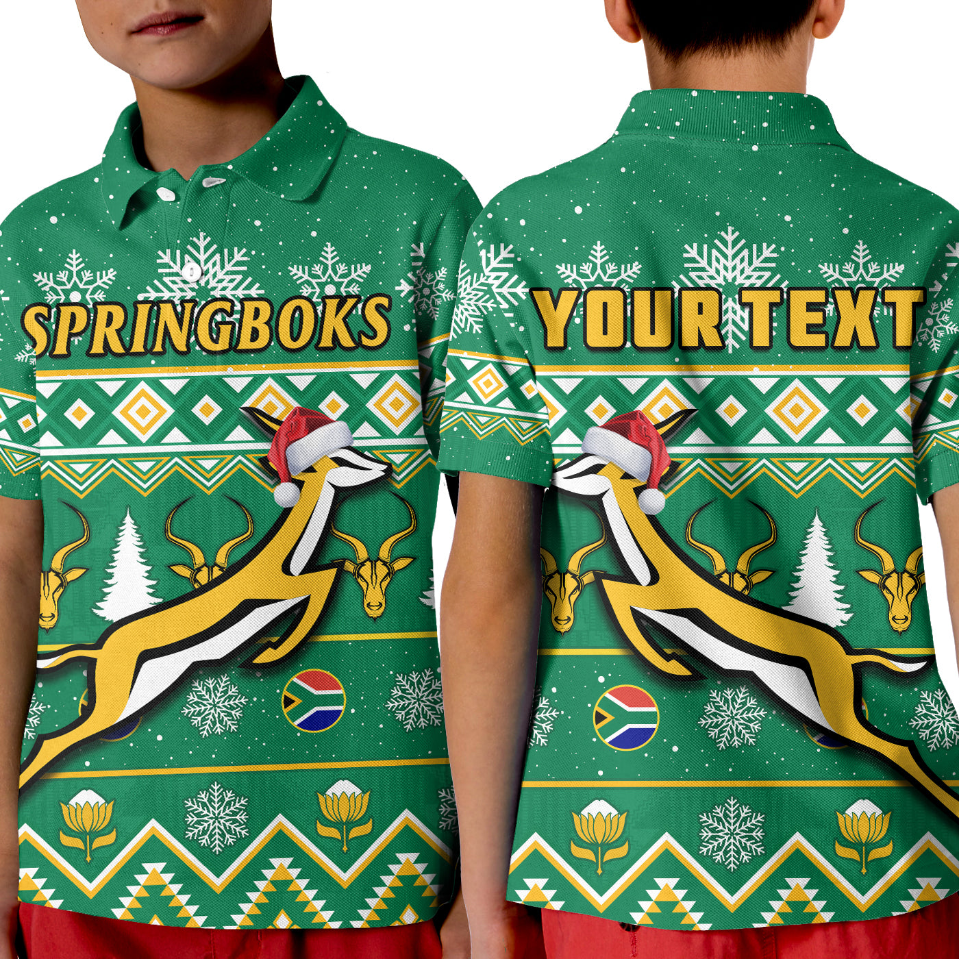 (Custom Personalised) South Africa Rugby Christmas Polo Shirt KID Springboks Geseende Kersfees - Vibe Hoodie Shop