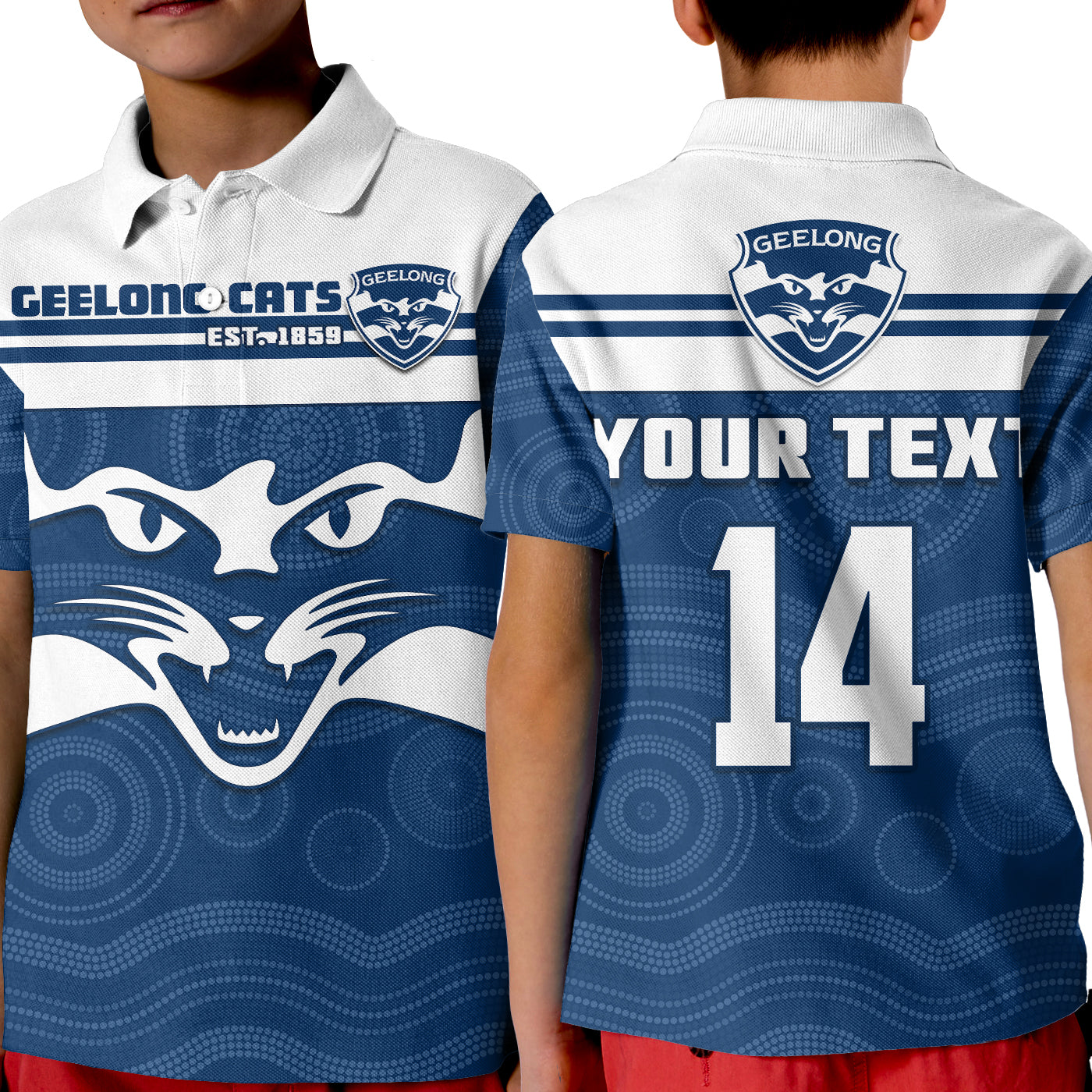 (Custom Text And Number) Cats Football Polo Shirt KID Geelong Est 1859 Aboriginal Art - Vibe Hoodie Shop