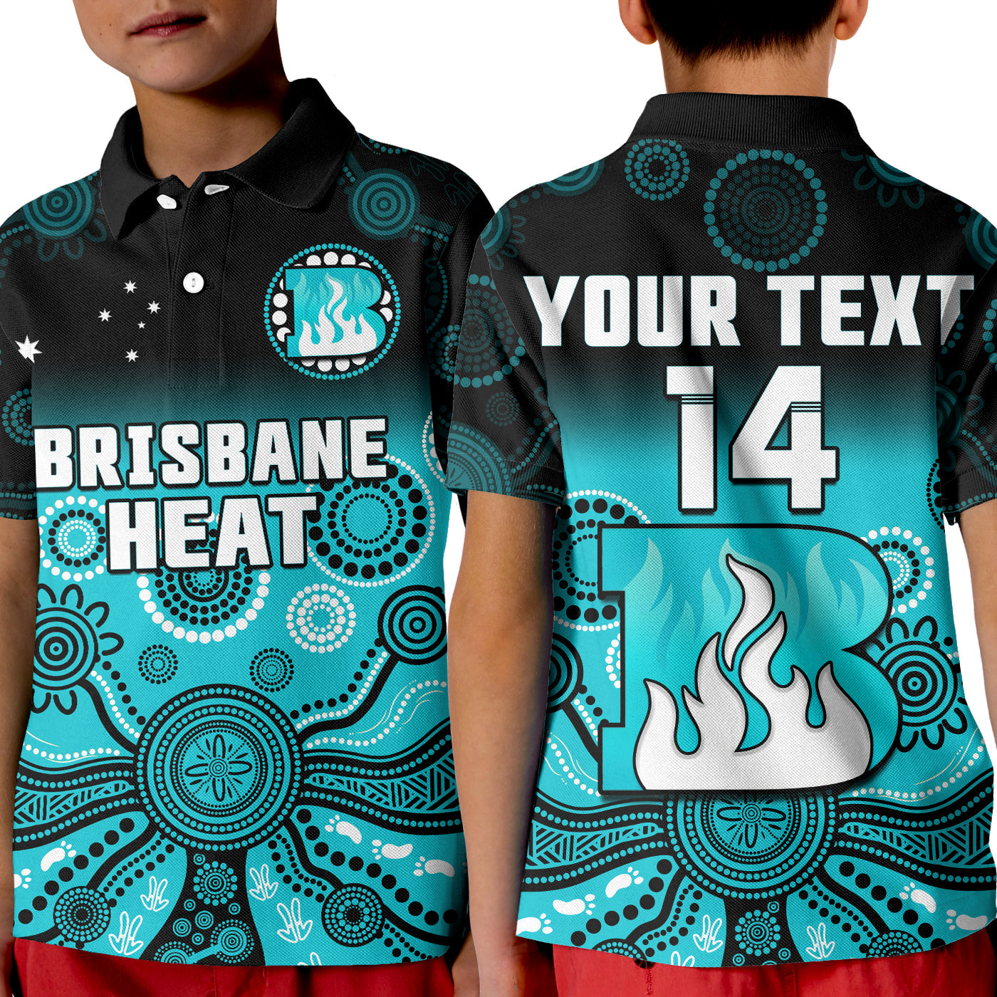 (Custom Text And Number) Brisbane Heat Polo Shirt KID Gradient Aboriginal Dot Painting - Vibe Hoodie Shop