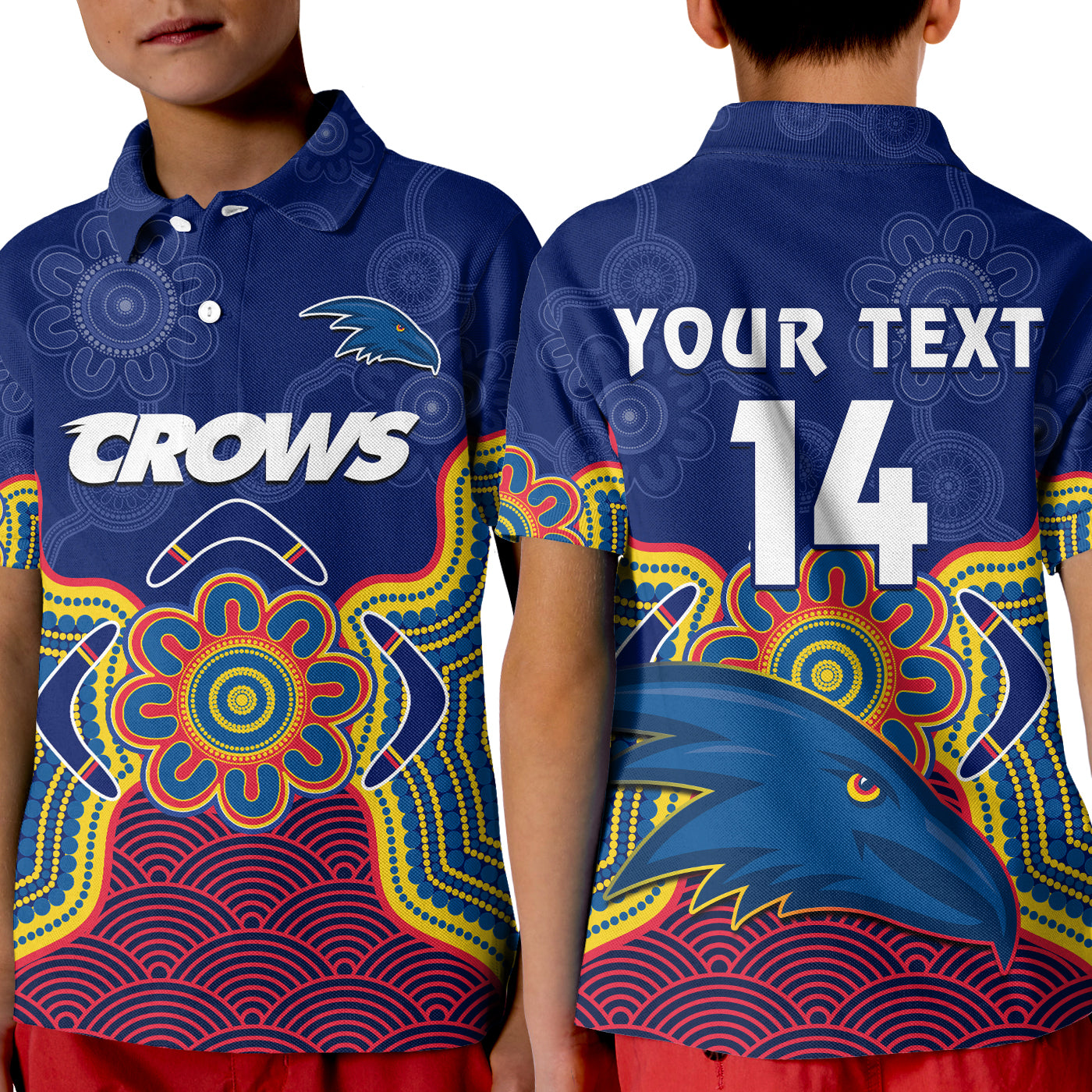 (Custom Text And Number) Adelaide Football Polo Shirt KID Crows Aboriginal Art - Vibe Hoodie Shop