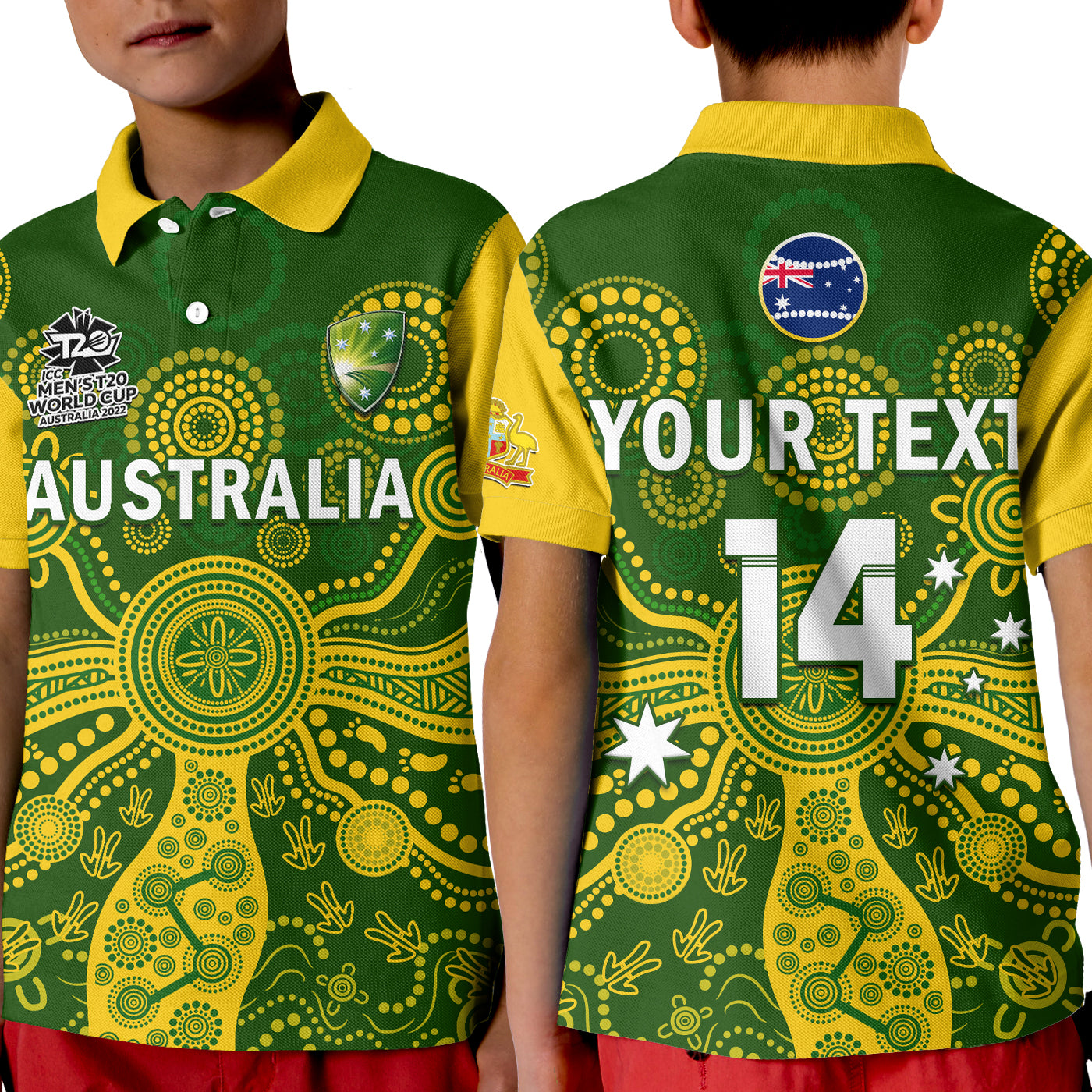 (Custom Text And Number) Australia Cricket Polo Shirt KID Aussie 2022 Mens T20 World Cup Ver.02 - Vibe Hoodie Shop