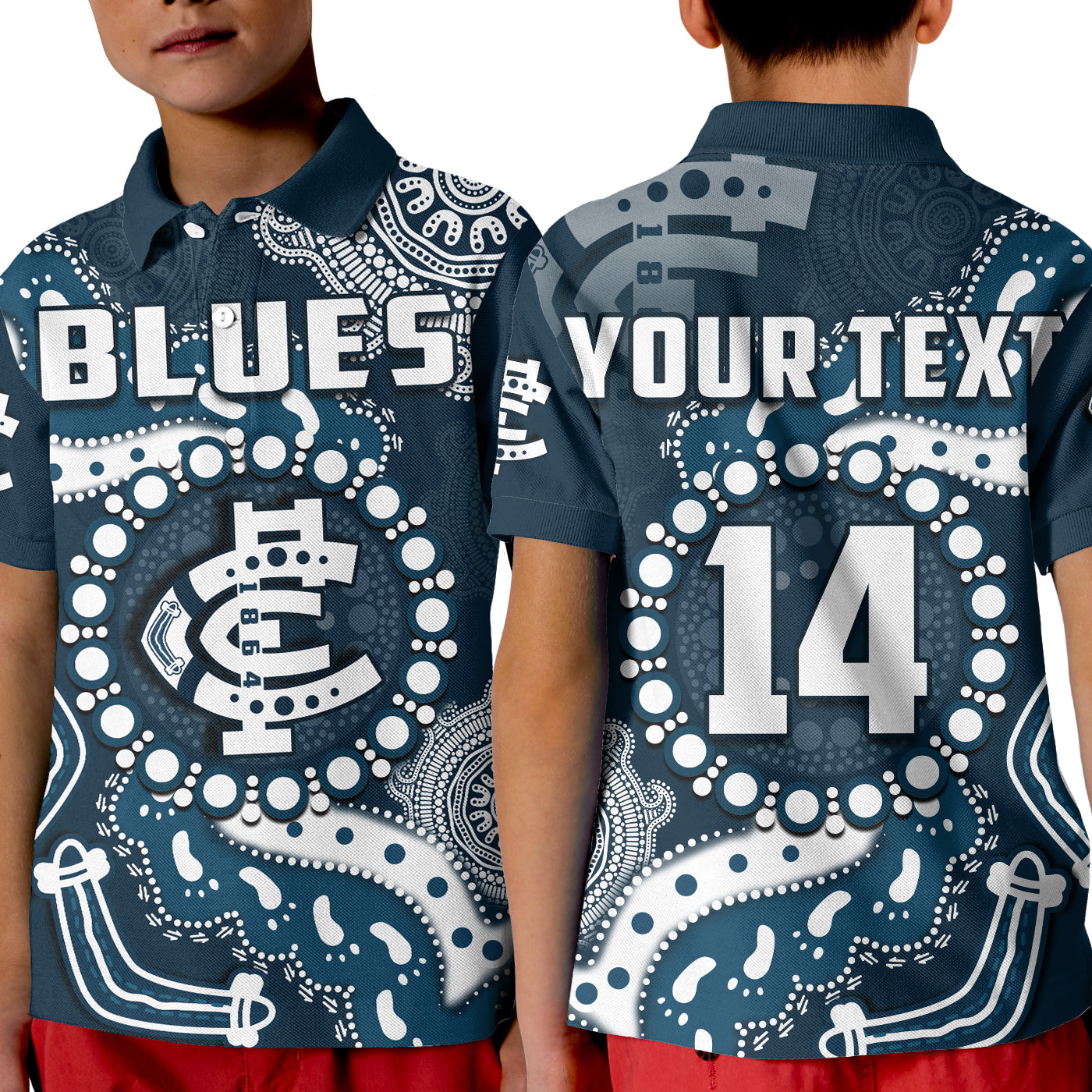 (Custom Text And Number) Carlton Football Polo Shirt KID Blues 1864 Boomerang Indigenous Artsy - Vibe Hoodie Shop