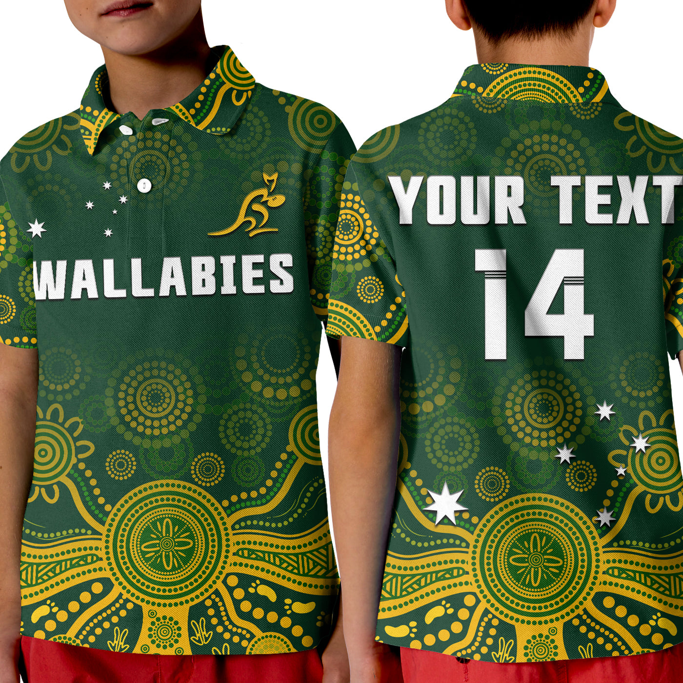 (Custom Text And Number) Australia 2022 Rugby Polo Shirt KID Wallabies Aboriginal Style - Vibe Hoodie Shop