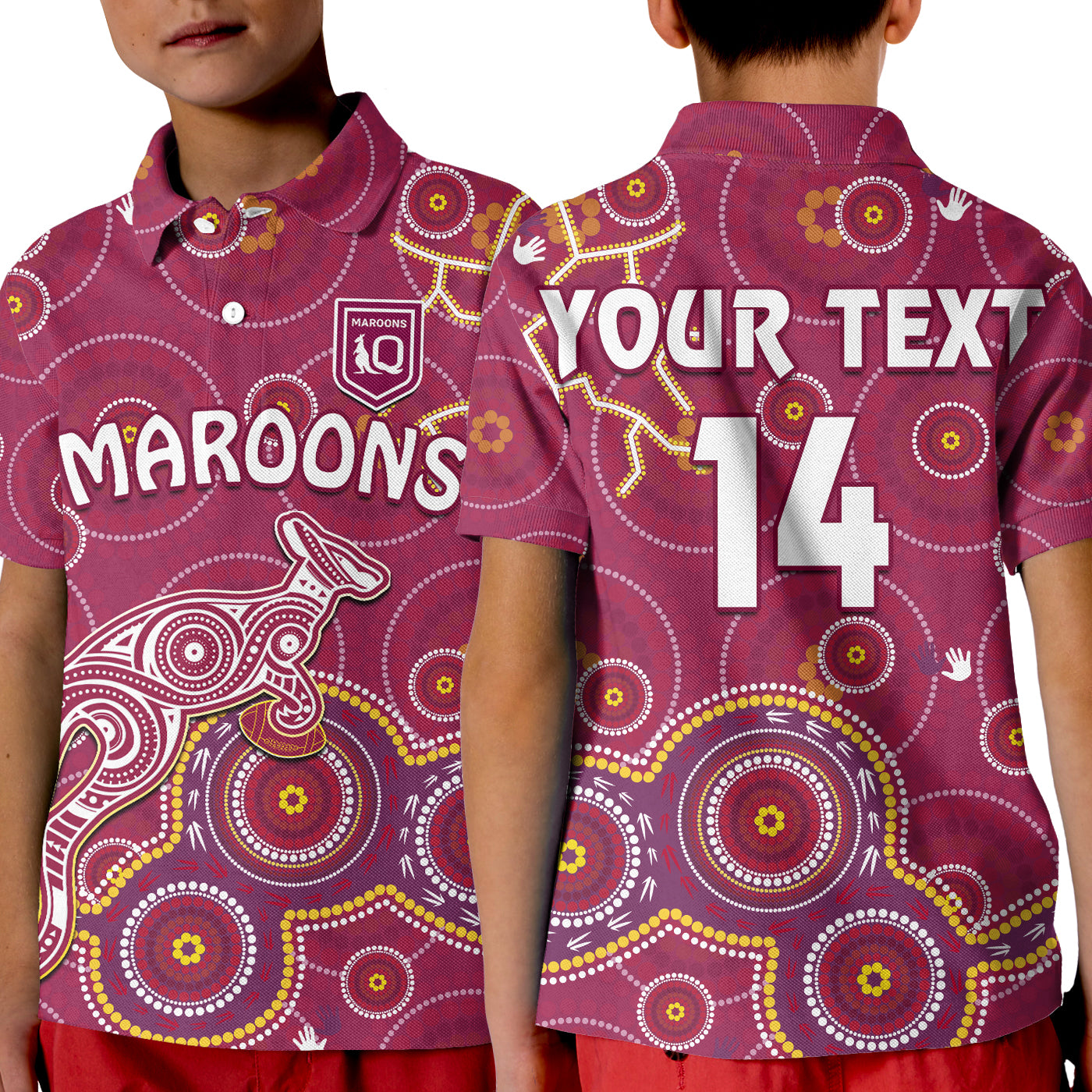 (Custom Text And Number) Maroons Rugby Polo Shirt KID Kangaroo Indigenous Pattern Unique Version - Vibe Hoodie Shop