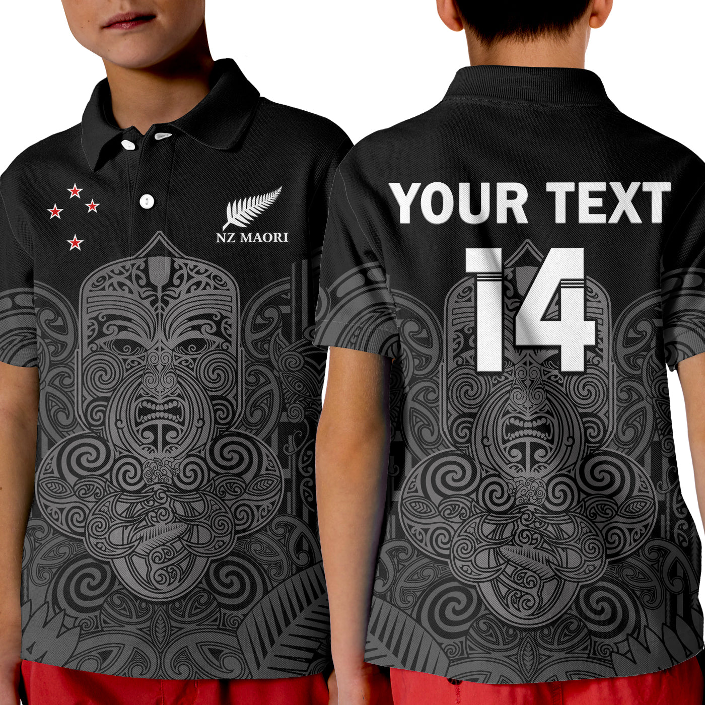 (Custom Text And Number) New Zealand Tiki Rugby Polo Shirt KID NZ Maori Koru Pattern Ver.01 - Vibe Hoodie Shop