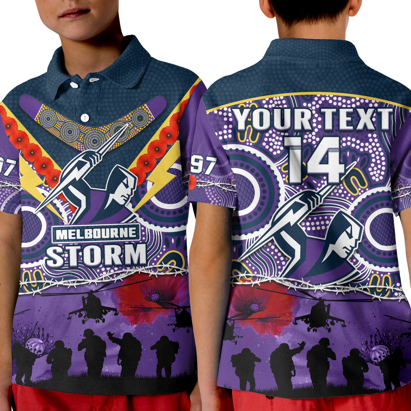 (Custom Text And Number) Melbourne Storm Rugby ANZAC Polo Shirt KID Indigenous Poppy Australian Army - Vibe Hoodie Shop