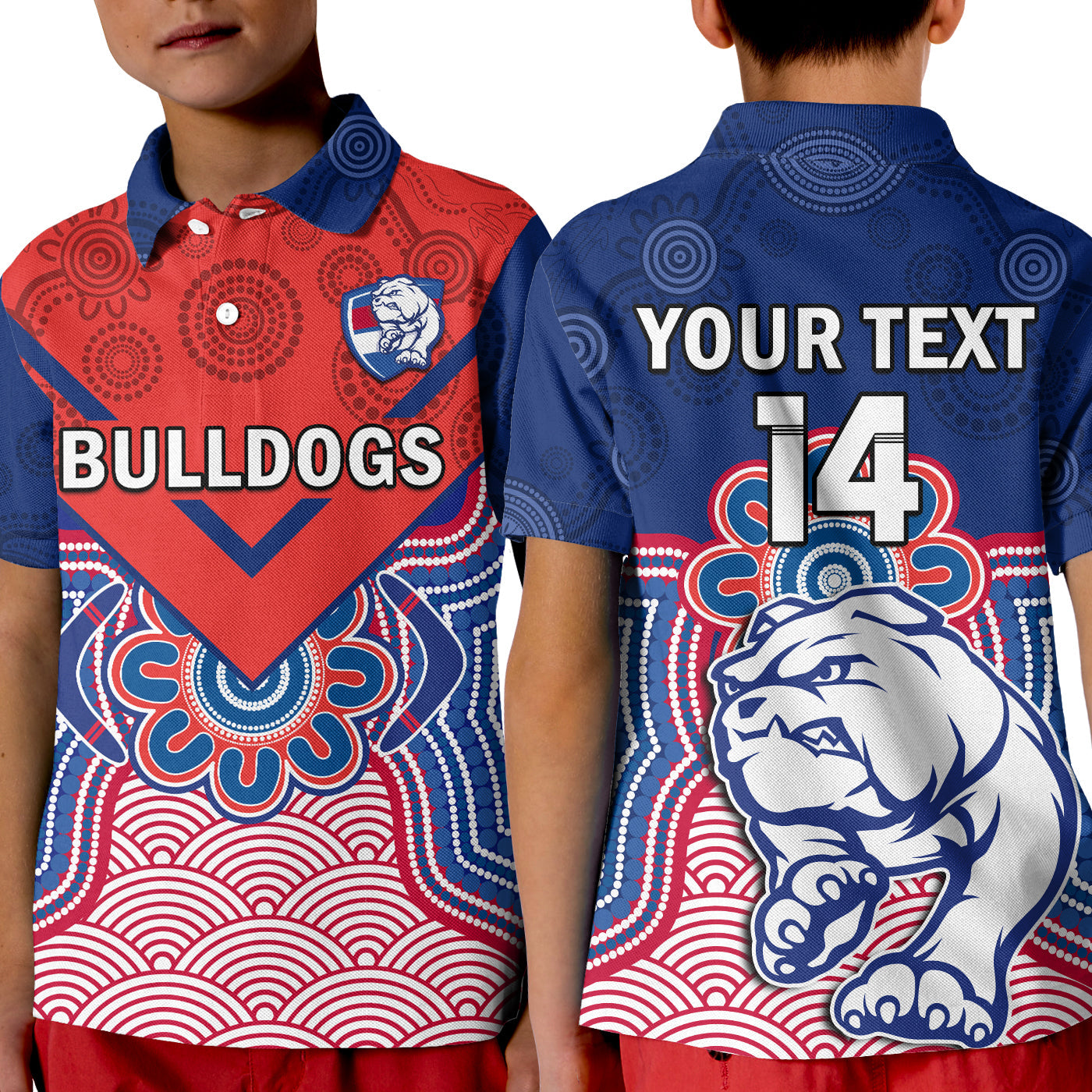 (Custom Text And Number) Bulldogs Football Polo Shirt KID Western Doggies Aboriginal Art - Vibe Hoodie Shop