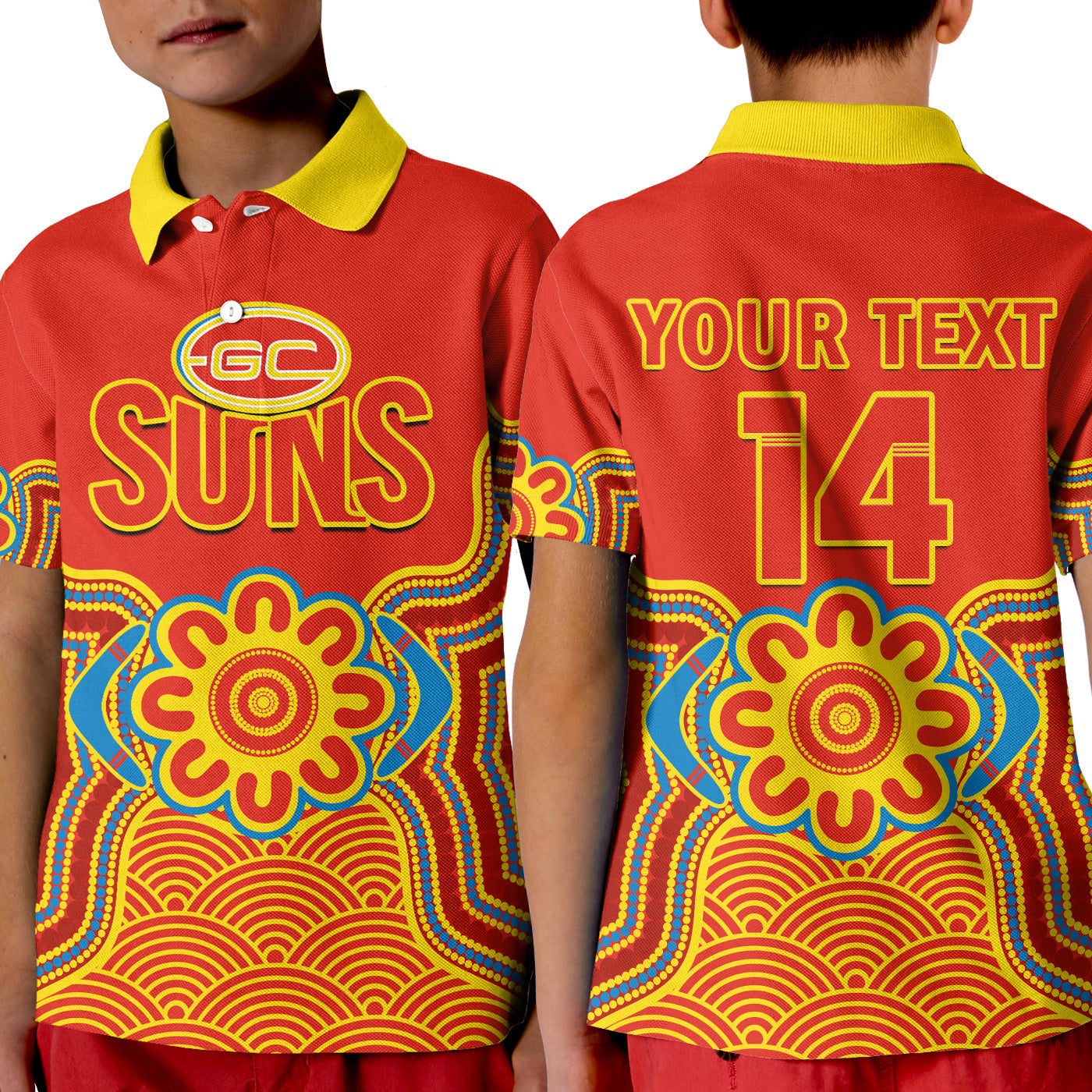 (Custom Text And Number) Gold Coast Football Polo Shirt KID Suns Indigenous Pattern - Vibe Hoodie Shop