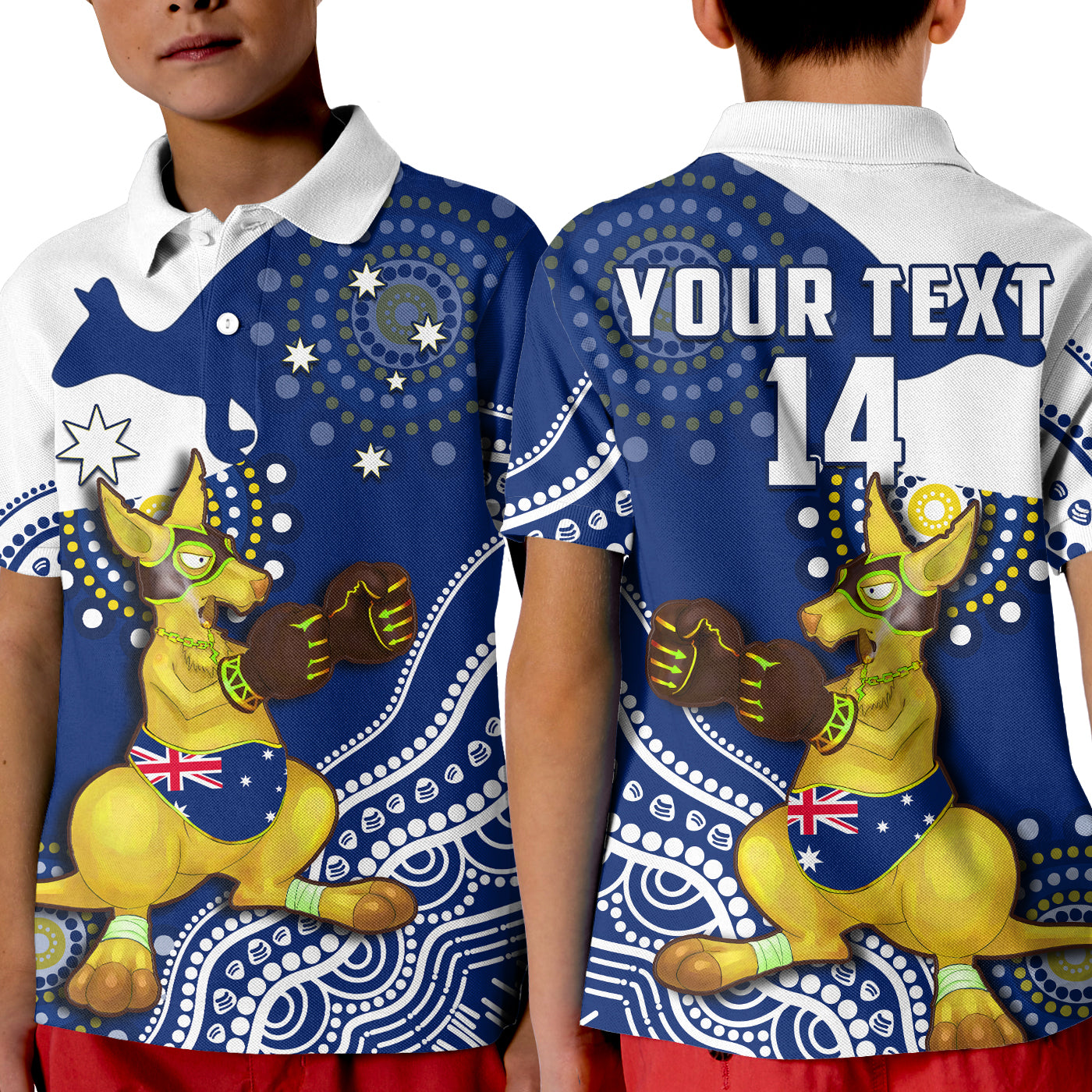 (Custom Text And Number) Australia Polo Shirt KID Boxing Kangaroo Indigenous Flag Color Art - Vibe Hoodie Shop