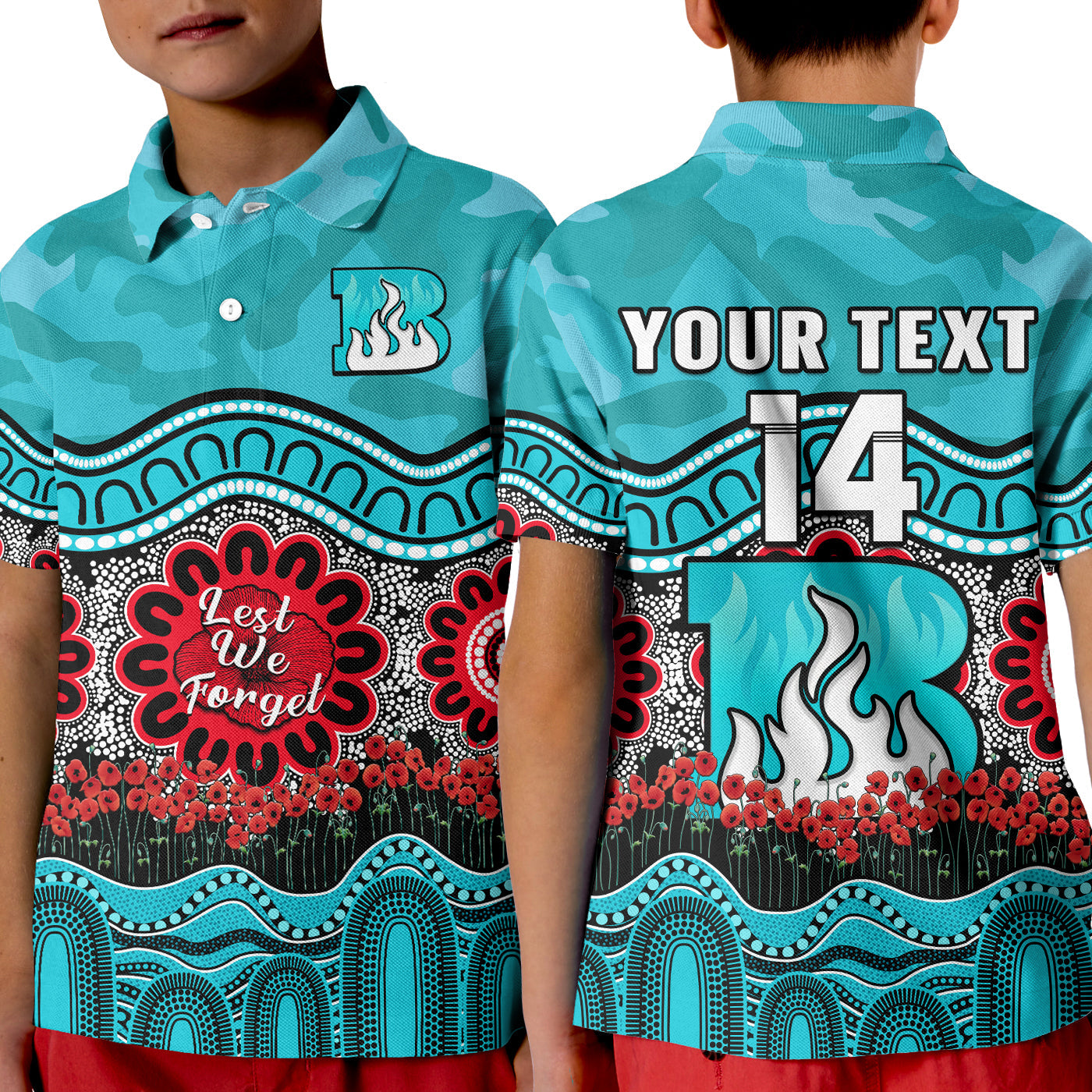 (Custom Text And Number) Brisbane Heat Cricket ANZAC Polo Shirt KID Poppy Aboriginal Camouflage - Vibe Hoodie Shop