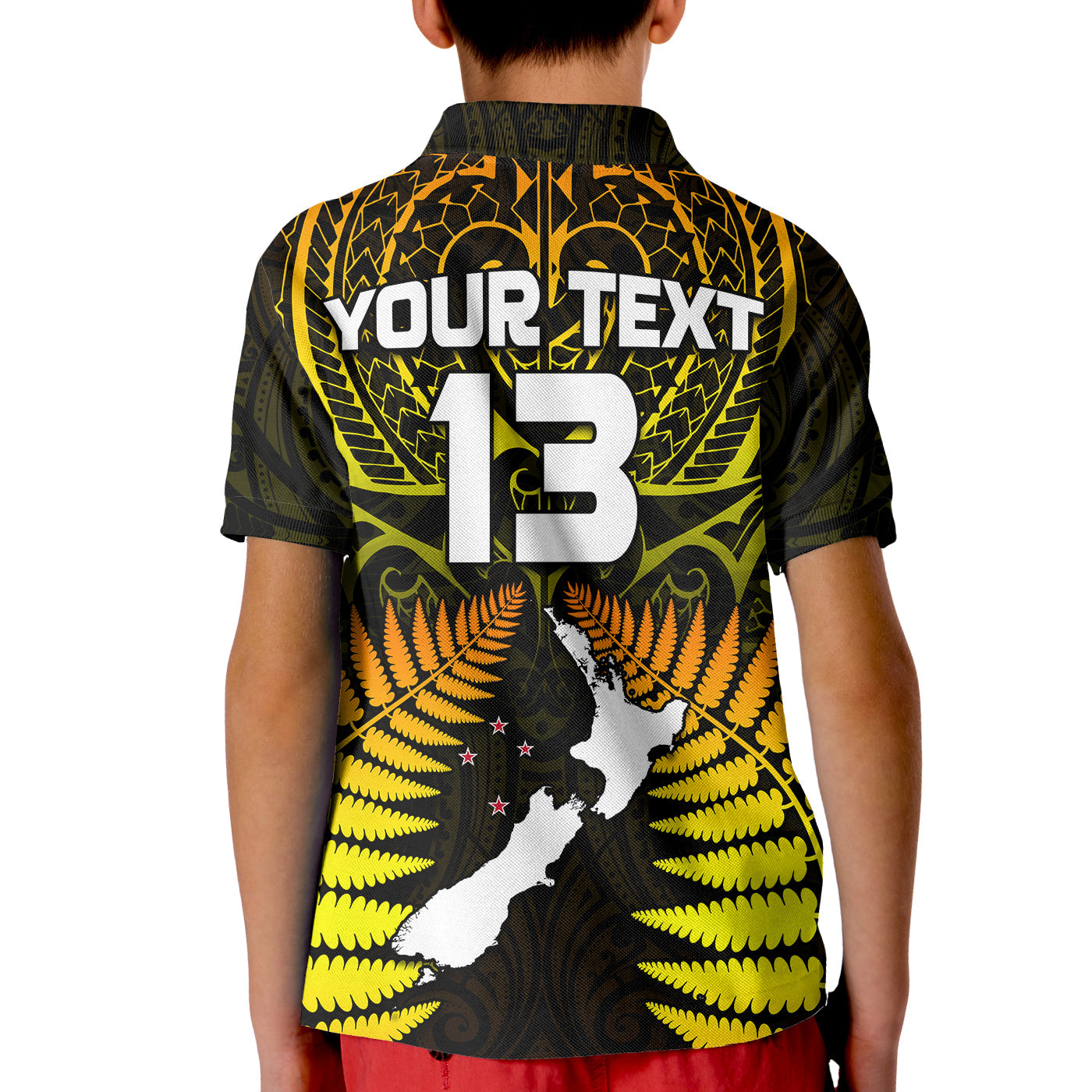 (Custom Text and Number) Aotearoa Fern Polo Shirt KID New Zealand Hei Tiki Gold Style - Vibe Hoodie Shop