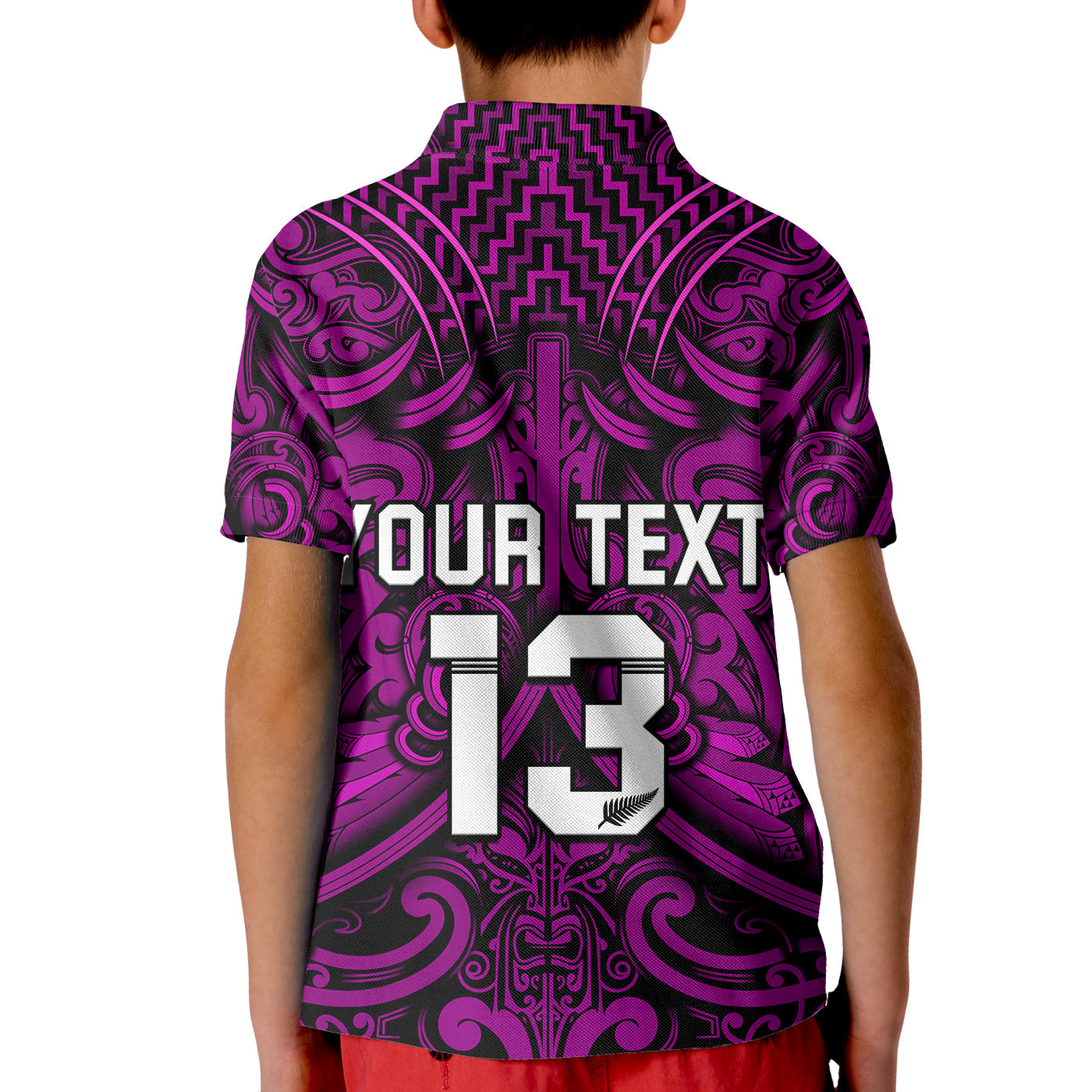 (Custom Text and Number) New Zealand Silver Fern Rugby Polo Shirt KID All Black Purple NZ Maori Pattern - Vibe Hoodie Shop